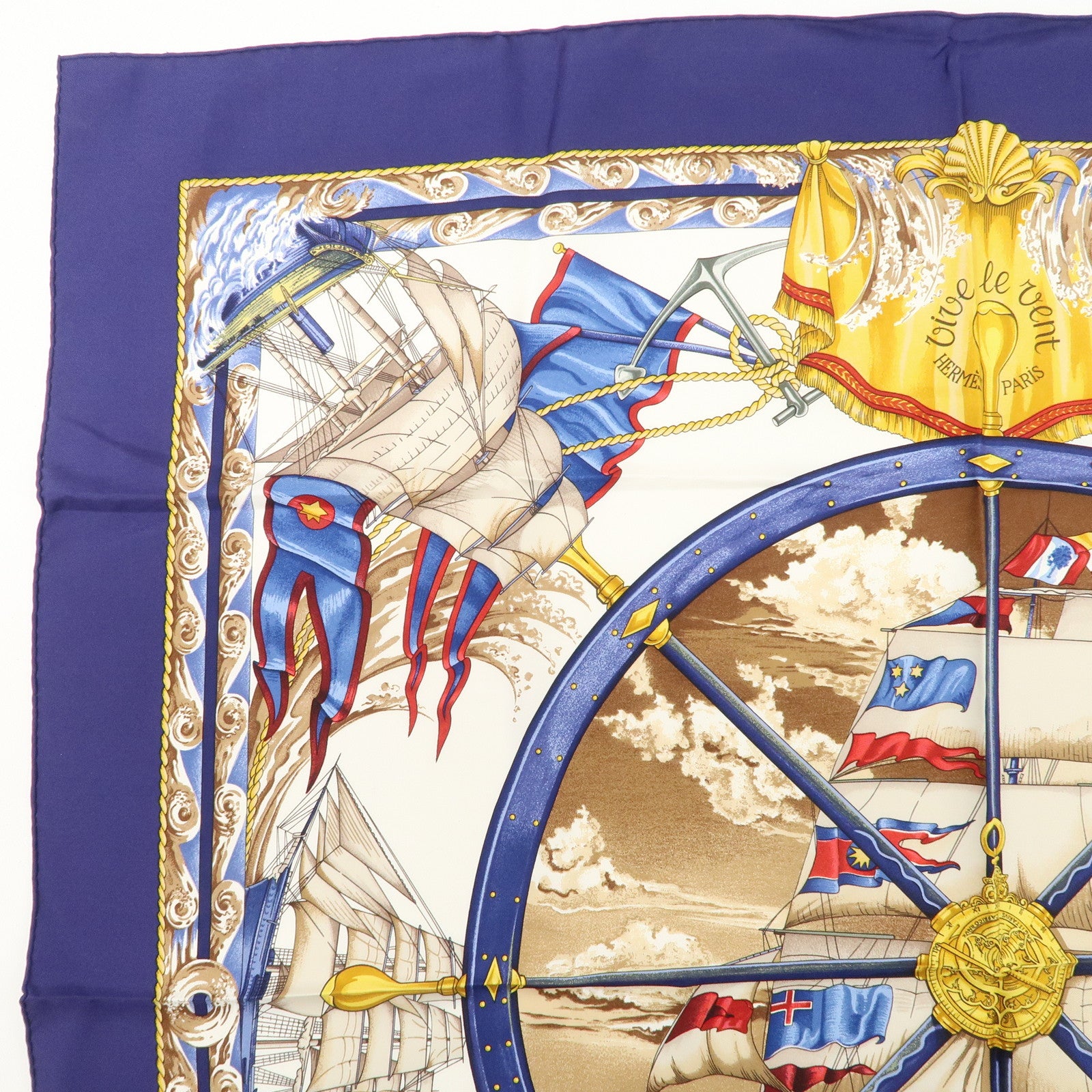 HERMES Carre 90 Silk 100% Scarf Vive levent Navy White Gold Used