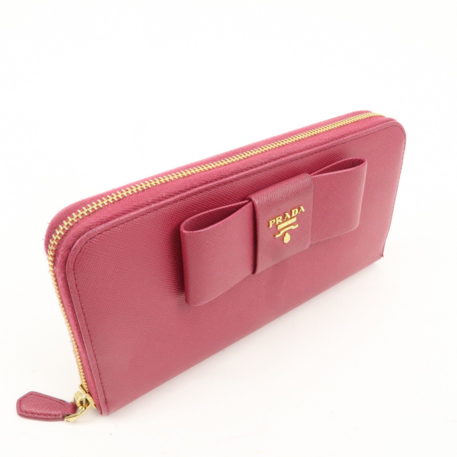 PRADA Logo Saffiano Leather Round Zipper Long Wallet Pink 1M0506 Used