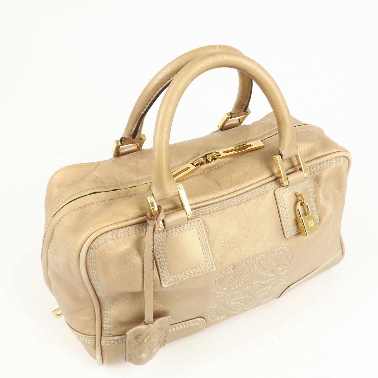 LOEWE Anagram Leather Amazona 28 Hand Bag Boston Bag Gold Used