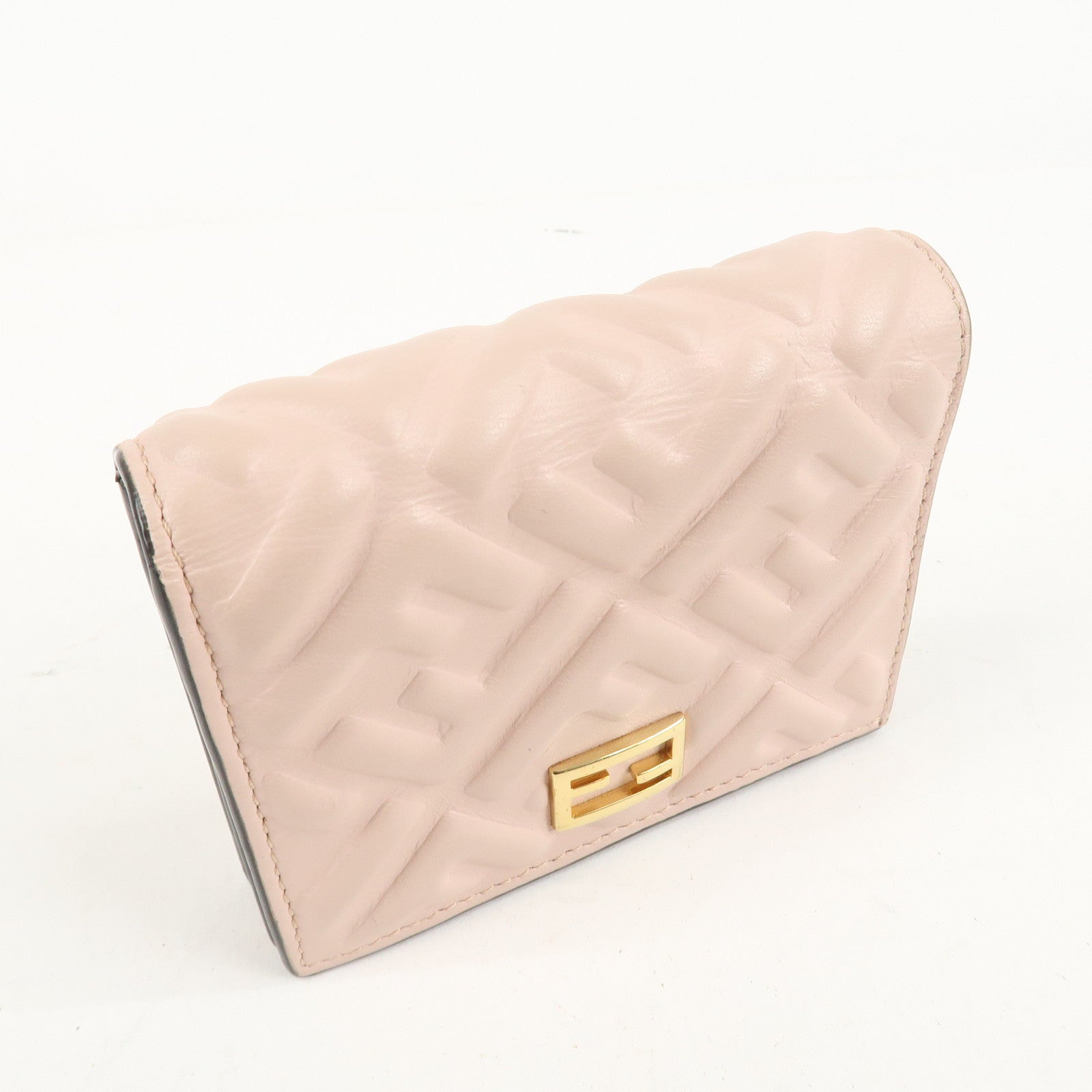 FENDI Bucket Leather Bi-Fold Wallet Gold Metal Fitting Pink Used
