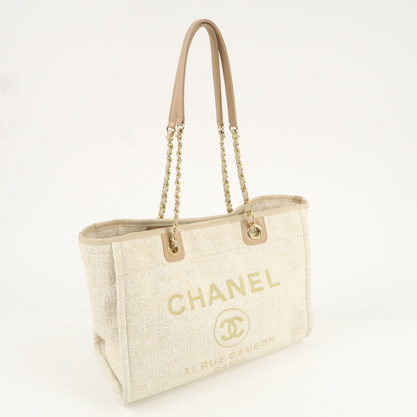 CHANEL Deauville Canvas Leather Tote Bag MM Beige Gold A67001