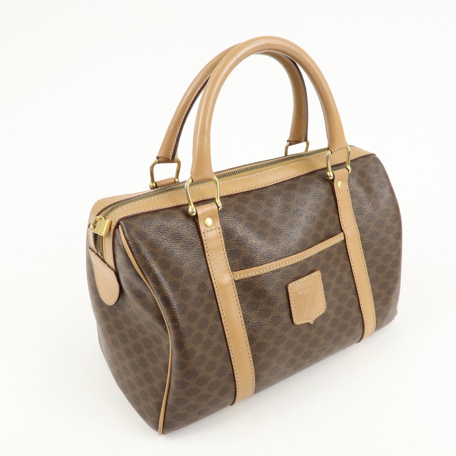 CELINE Macadam PVC Leather Boston Bag Hand Bag Brown Used