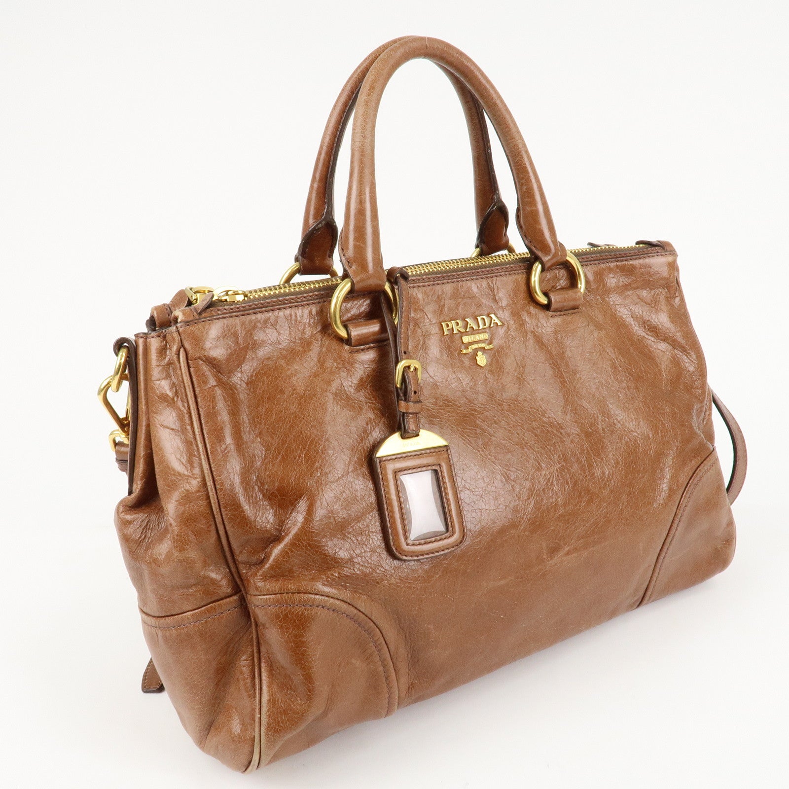 PRADA Leather 2Way Bag Shoulder Bag Hand Bag Brown Used