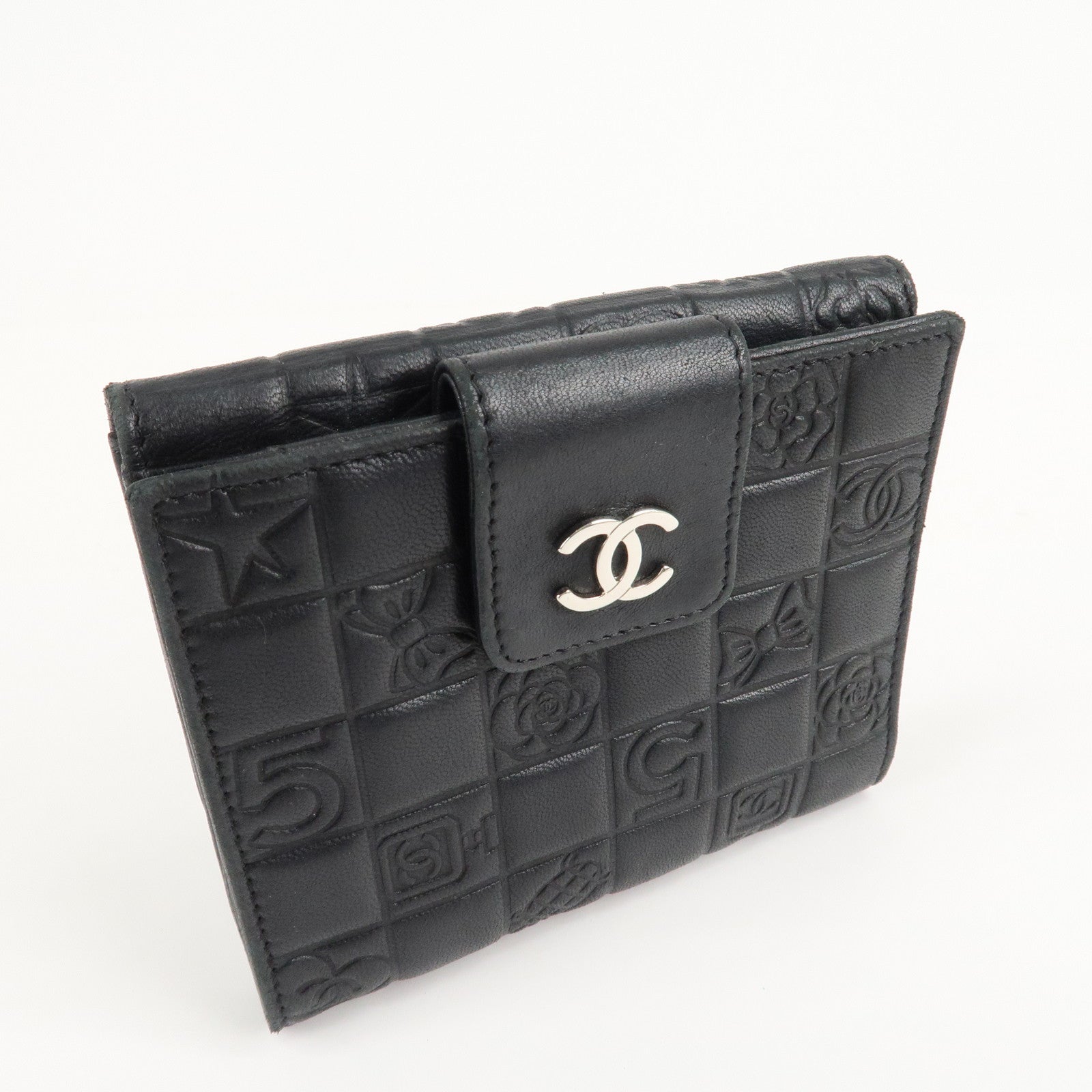 CHANEL Icon Line Lamb Skin W Flap Bi-fold Wallet Black A24212 Used