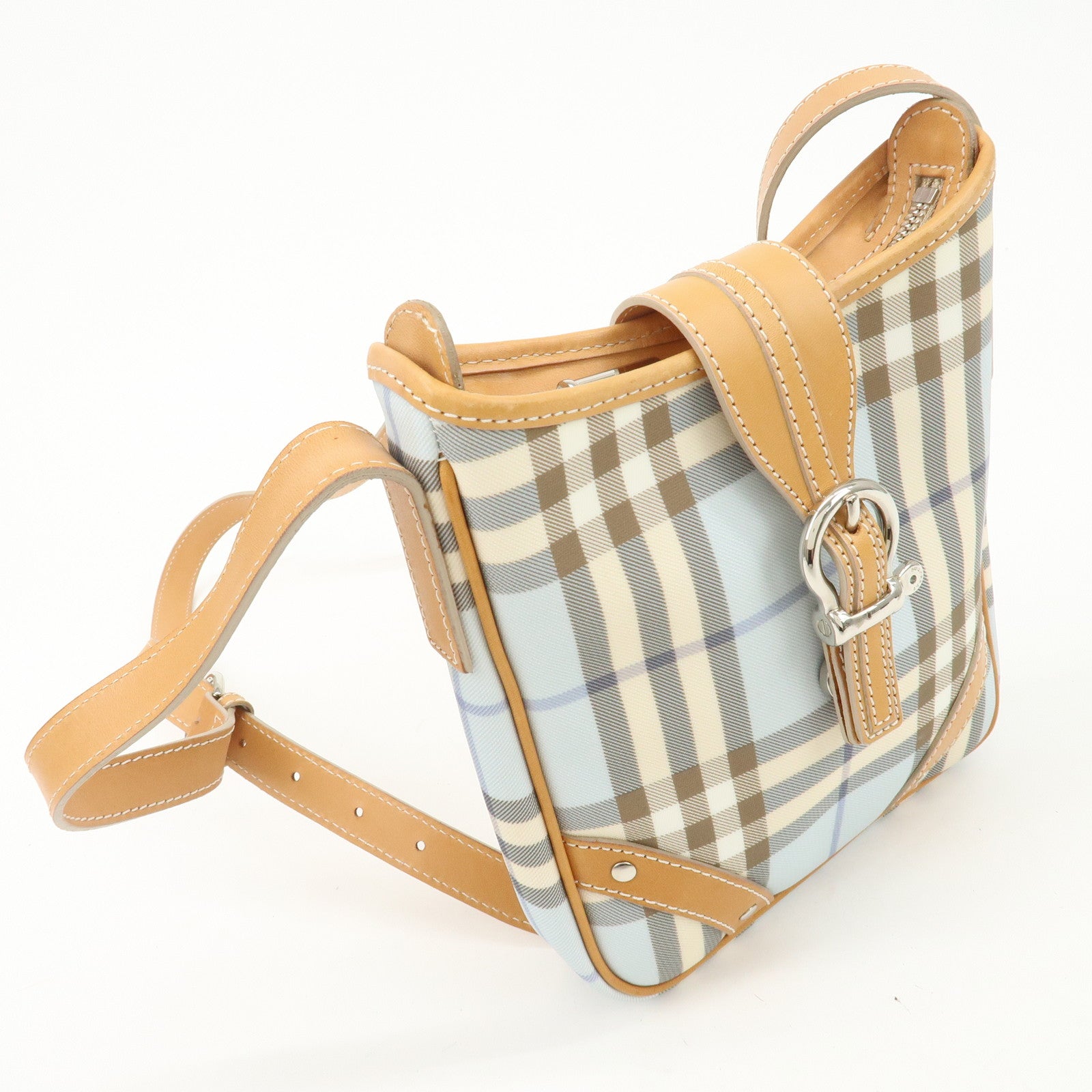 BURBERRY PVC Leather Nova Plaid Shoulder Bag Hand Bag Beige Blue Used