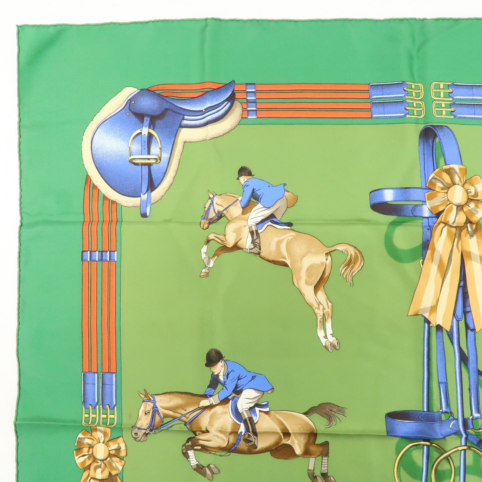 HERMES Carre 90 100% Silk Scarf JUMPING Riding Horse Green Used