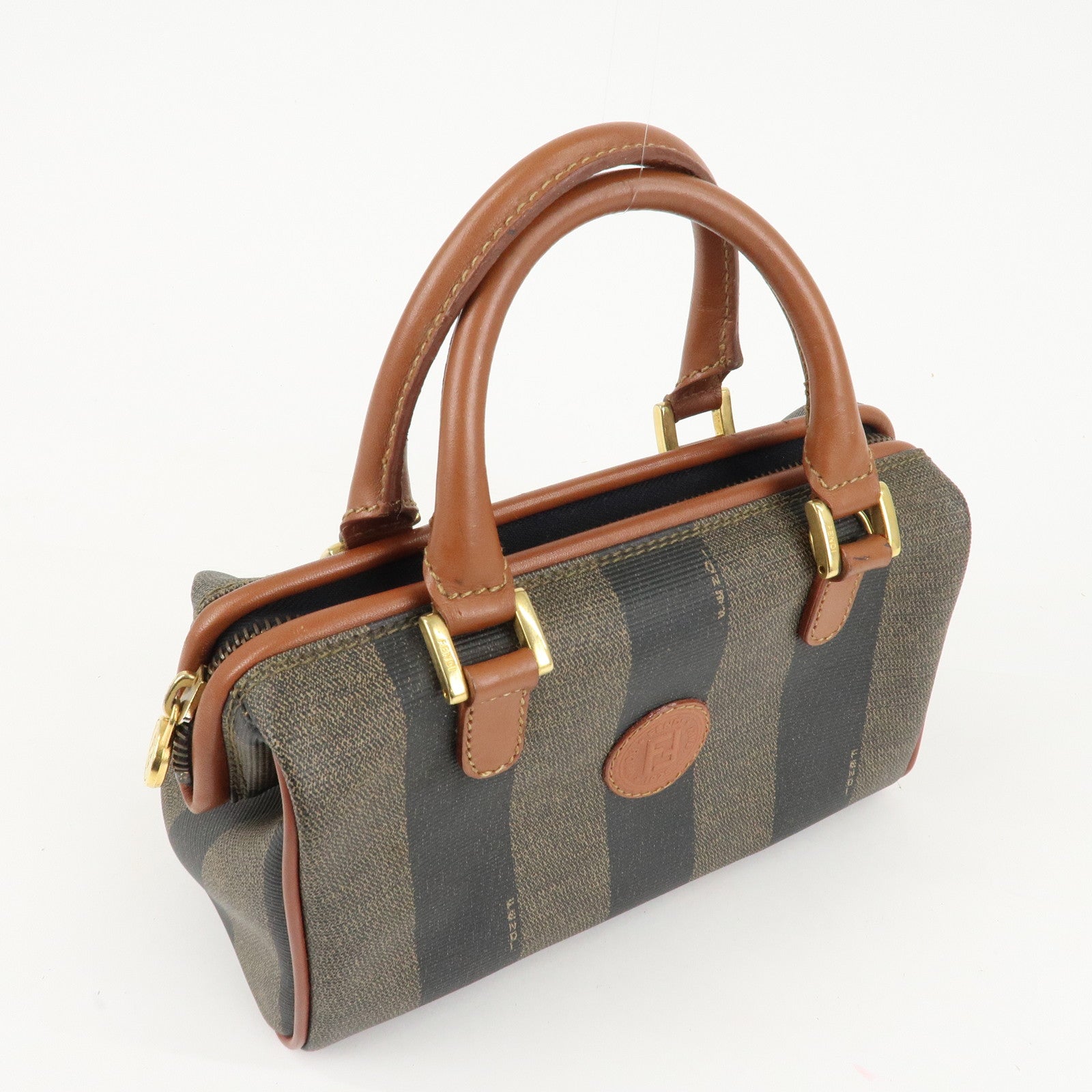 FENDI Pequin PVC Leather Mini Boston Bag Khaki Brown Black Used