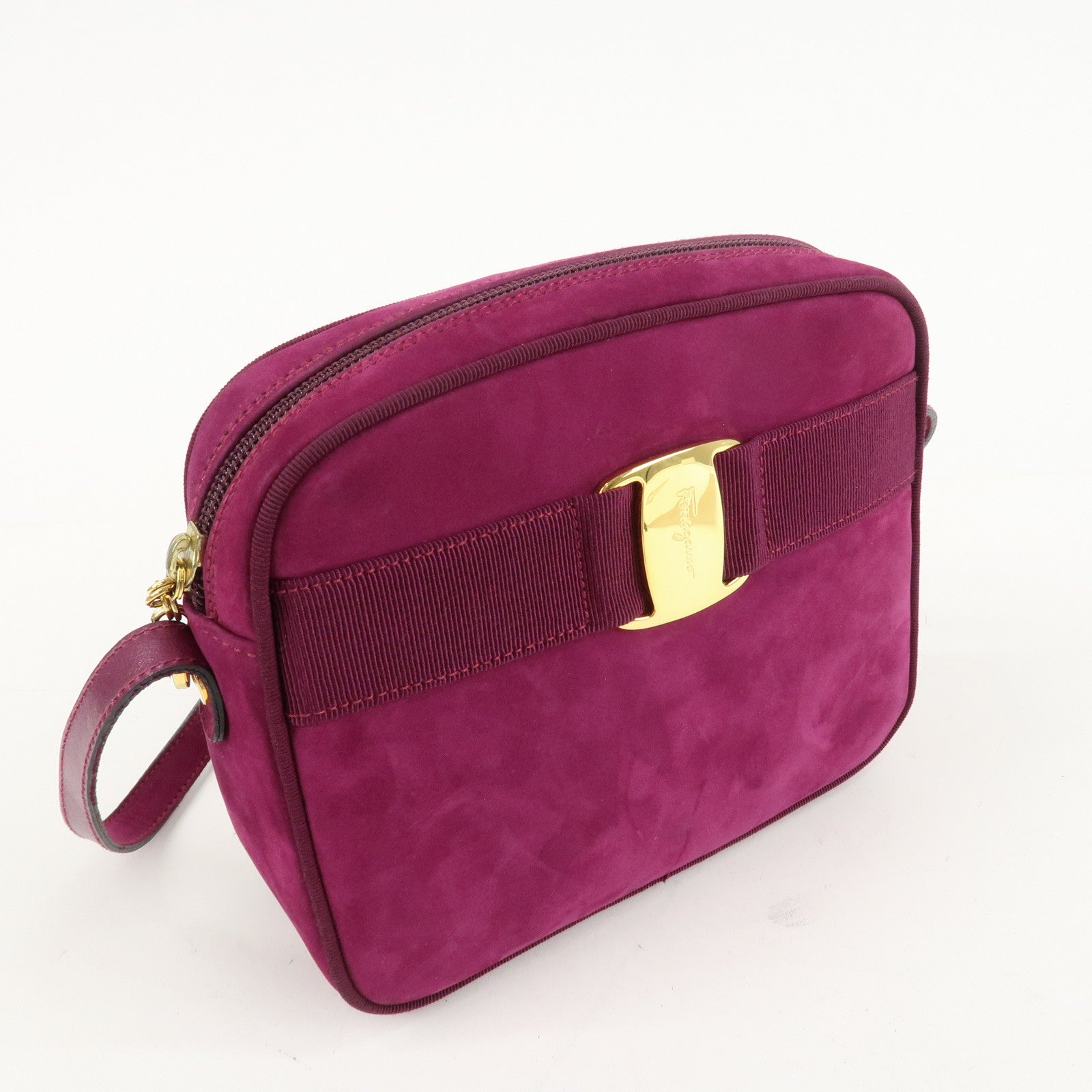 Ferragamo Vara Ribbon Suede Leather Shoulder Bag Purple Used