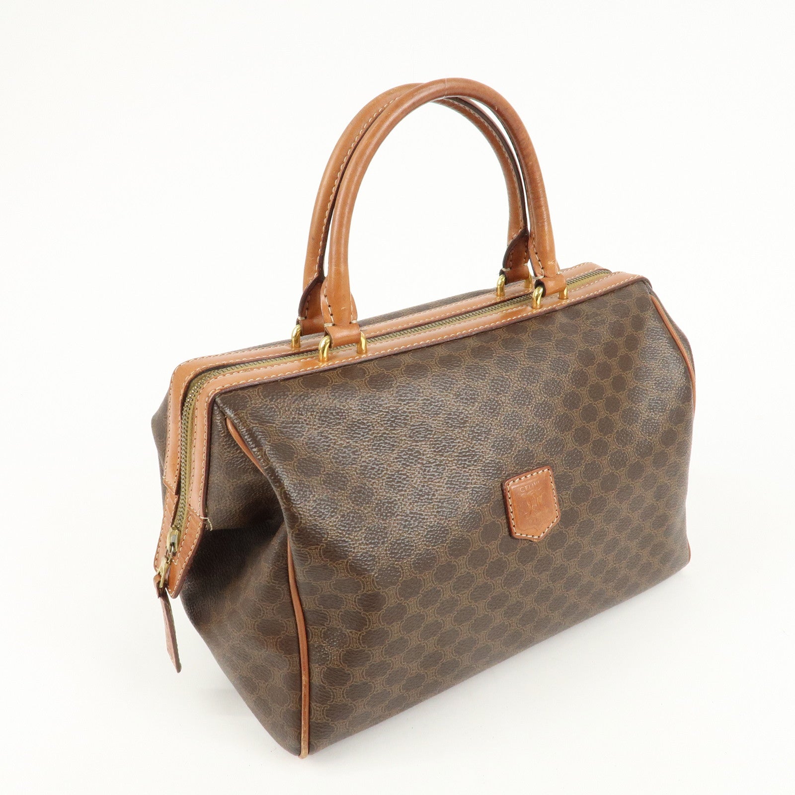 CELINE Macadam PVC Leather Boston Bag Hand Bag Brown Used