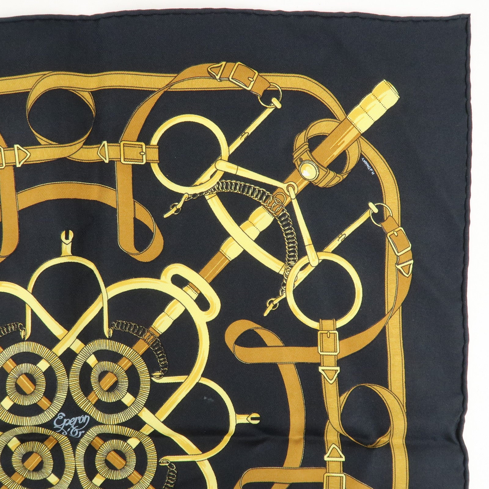 HERMES Silk 100% Carre 40 Scarf Pellier Navy Gold Used