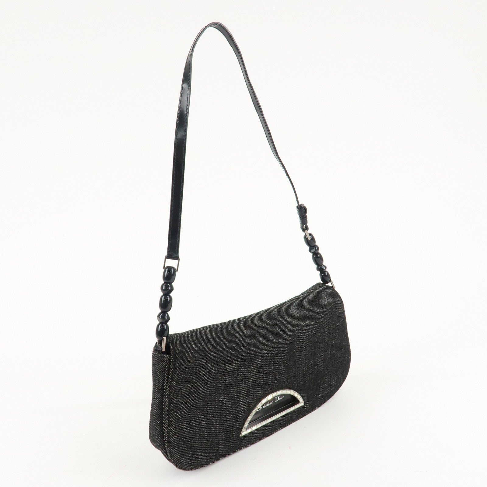Christinan Dior Maris Pearl Canvas Leather Shoulder Bag Black Used