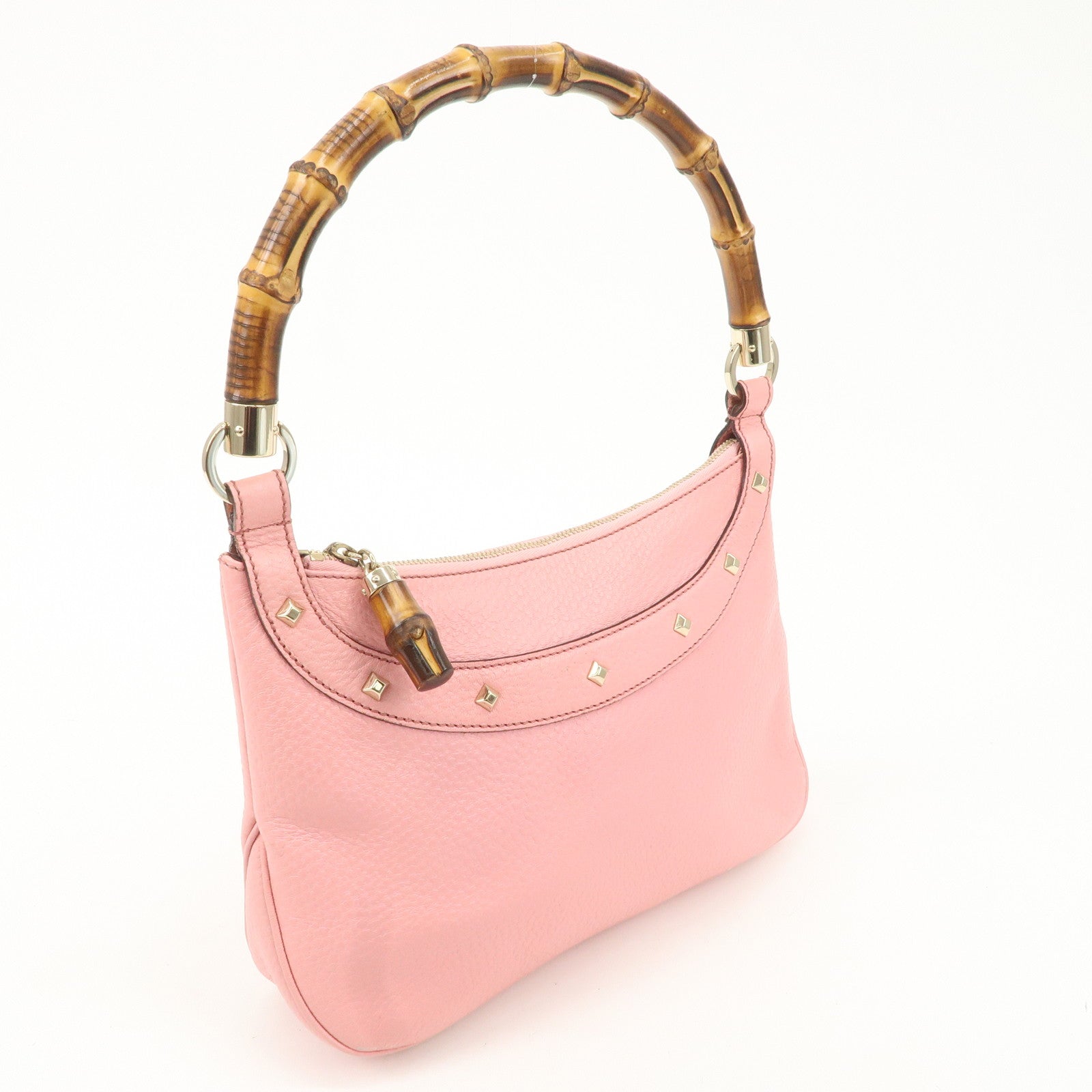 GUCCI Bamboo Leather Shoulder Bag Hand Bag Studs Pink 137378 Used