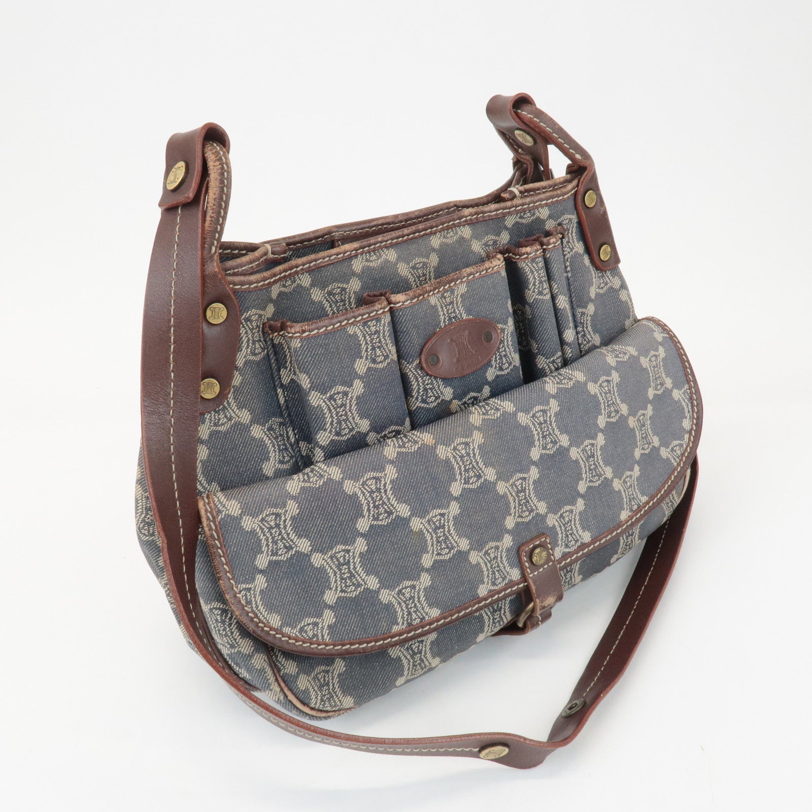 CELINE Macadam Denim Leather Shoulder Bag Blue Brown Used