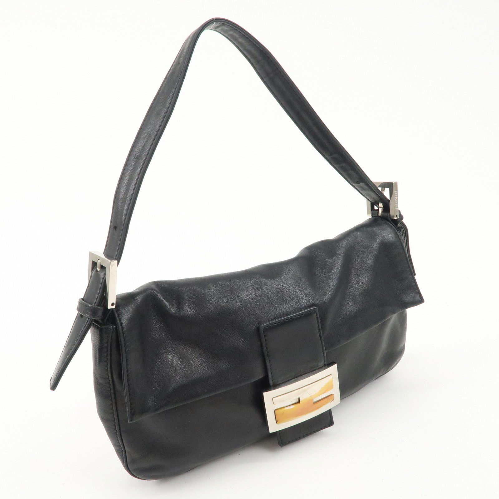 FENDI Mamma Baguette Leather Shoulder Bag Hand Bag Black 26424 Used