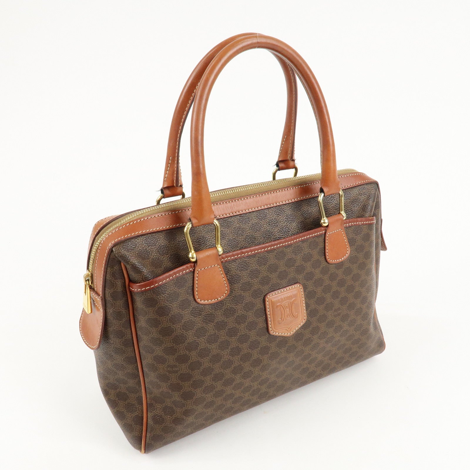 CELINE Macadam PVC Leather Boston Bag Hand Bag Brown Used