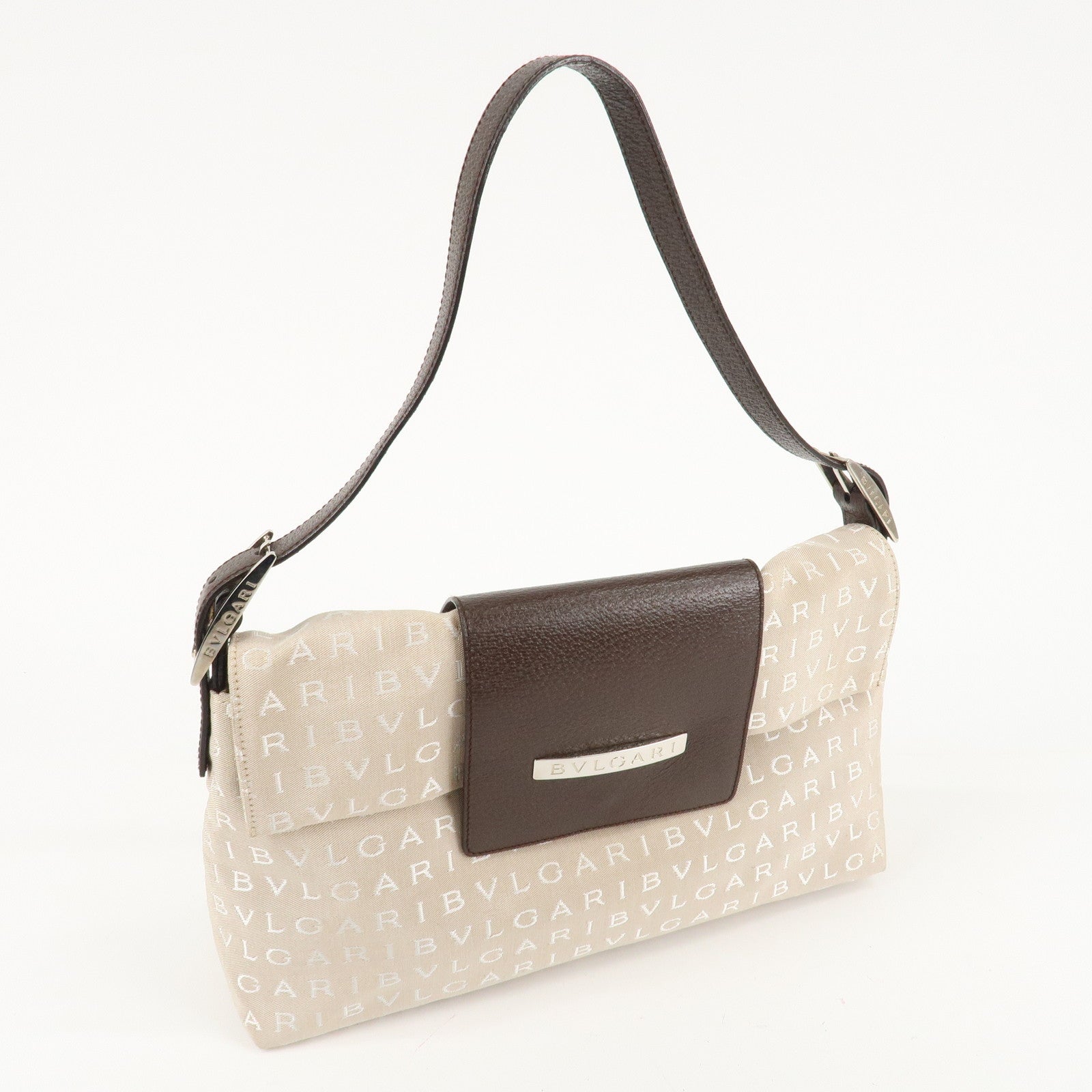 BVLGARI Logo Mania Canvas Leather Hand Bag Shoulder Bag Beige Used