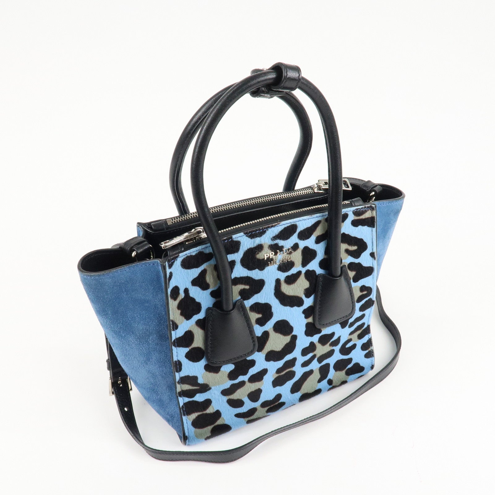 PRADA Unborn Calf Suede Leather 2Way Hand Bag Blue Black 1BA025 Used
