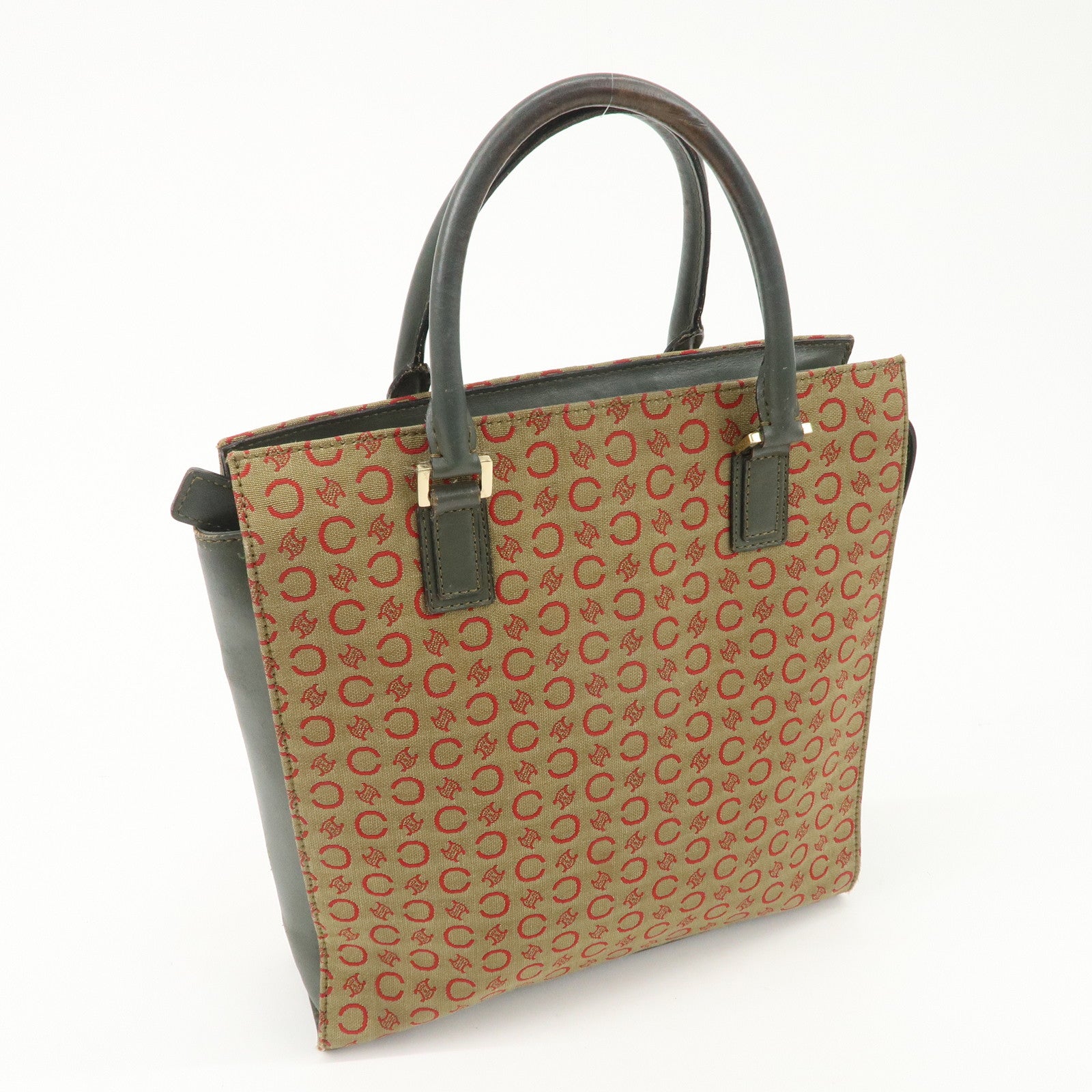 CELINE Macadam Canvas Hand Bag Brown Red Khaki Used