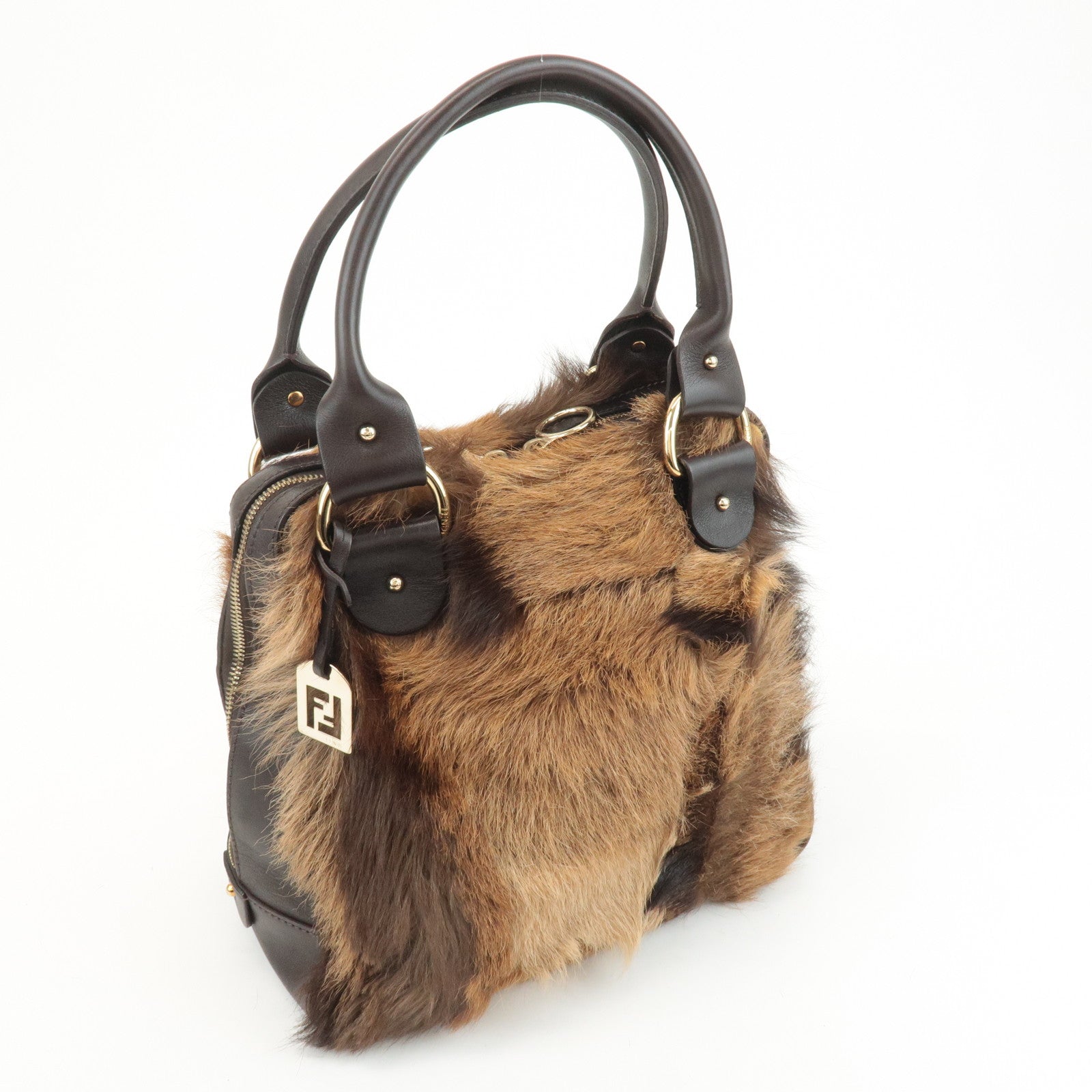 FENDI Unborn Calf Leather Hand Bag Shoulder Bag Brown 8BR286 Used
