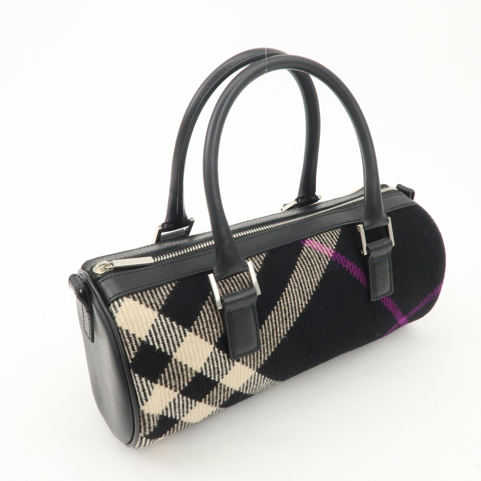 BURBERRY Wool Leather Boston Bag Hand Bag Black Beige Purple Used