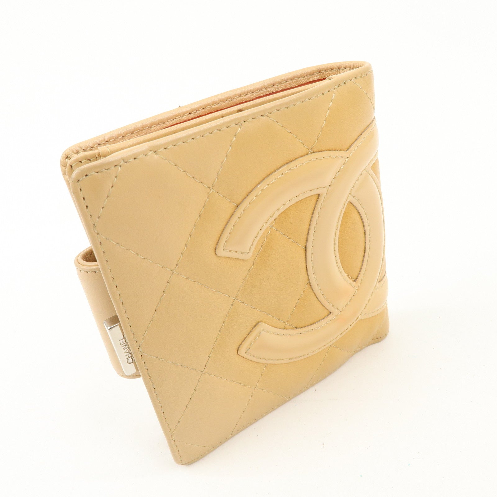 CHANEL Cambon Line Patent Leather Bi-fold Wallet Beige A26720 Used
