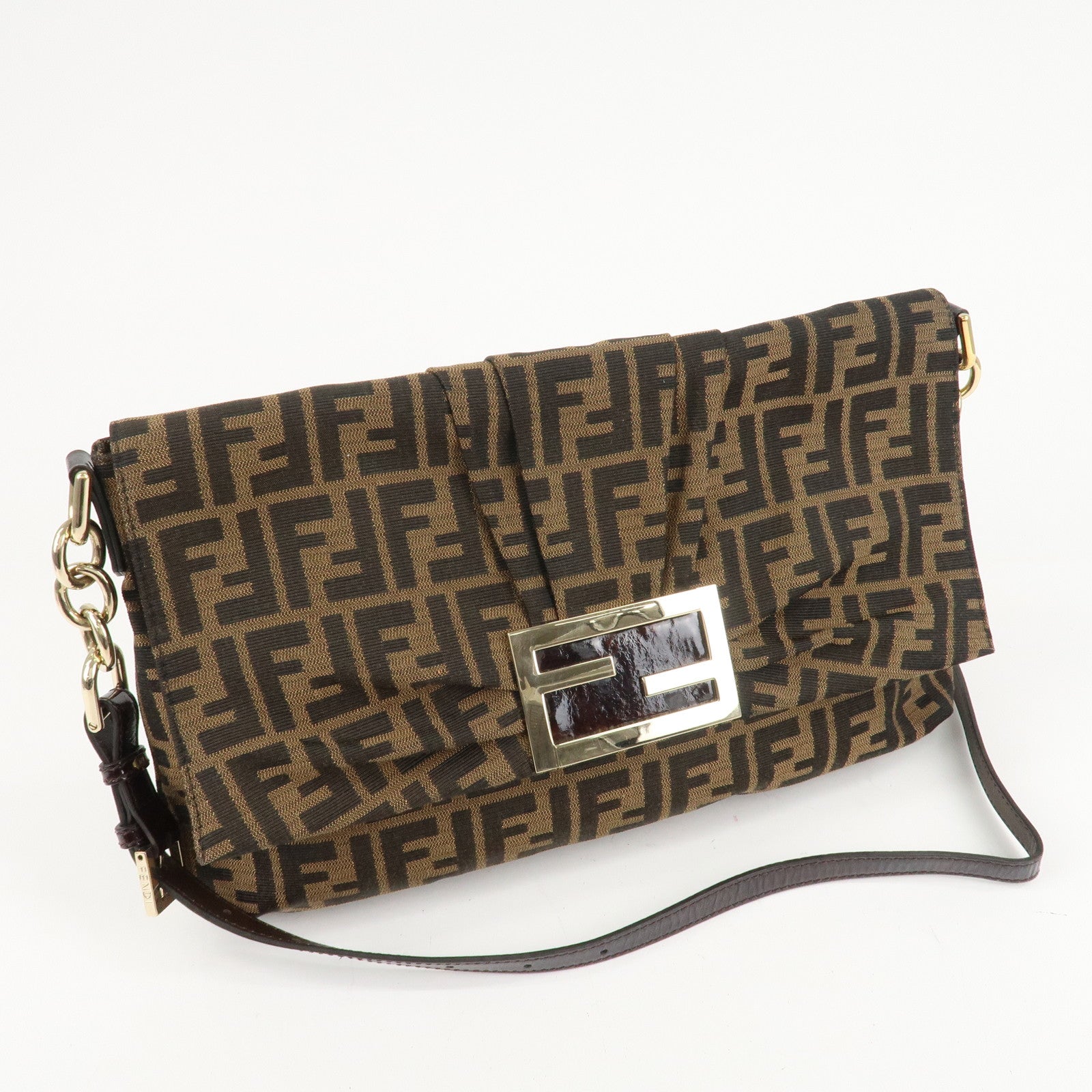 FENDI Zucca Canvas Patent Shoulder Bag Brown Black 8BT163 Used