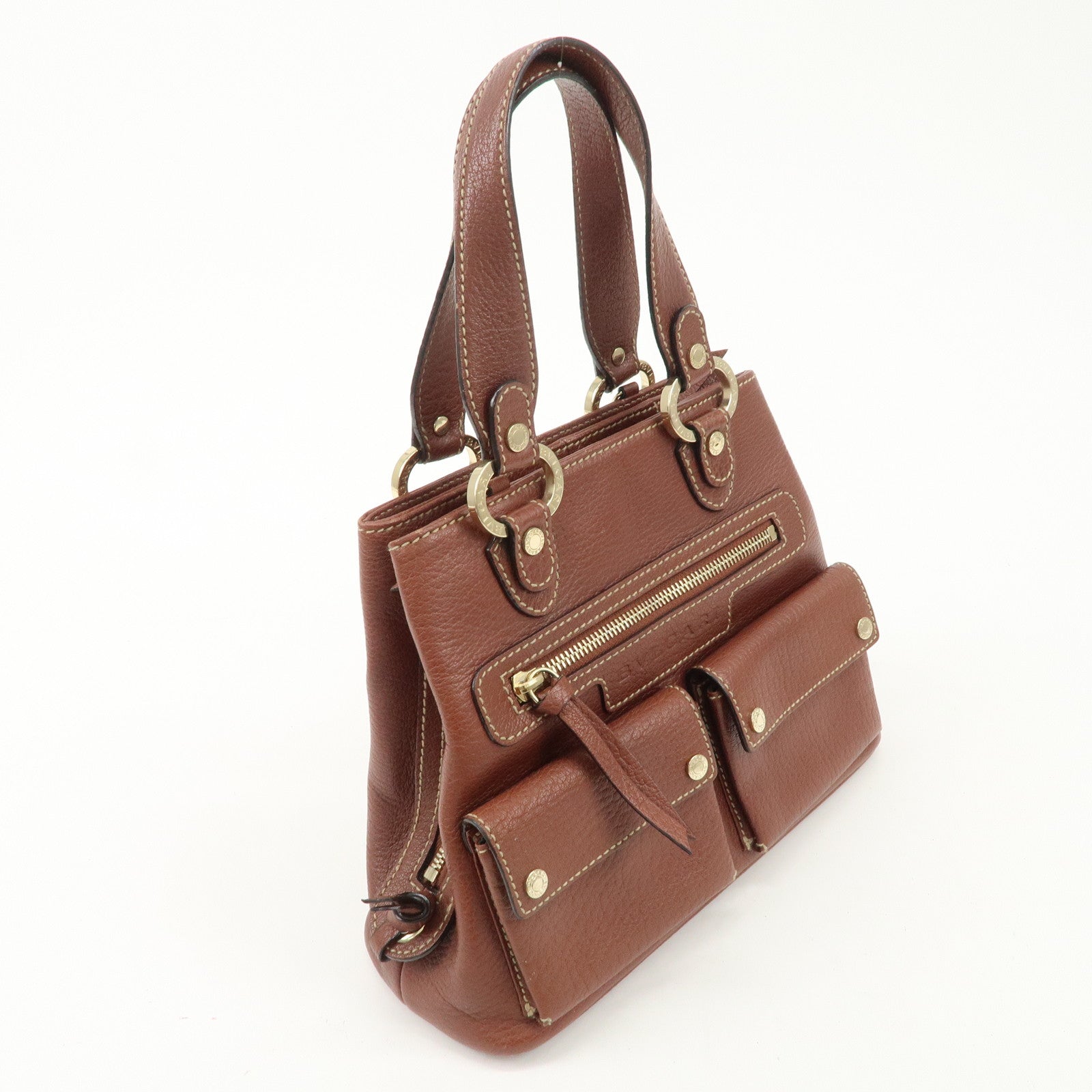 BVLGARI Leather Front Pocket Hand Bag Tote Bag Brown Used