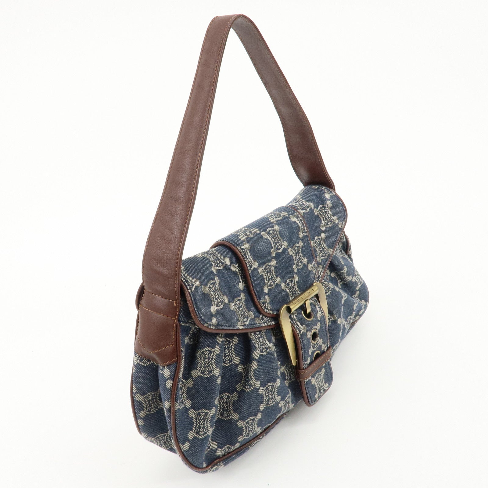 CELINE Macadam Denim Leather Shoulder Bag Blue Brown Used