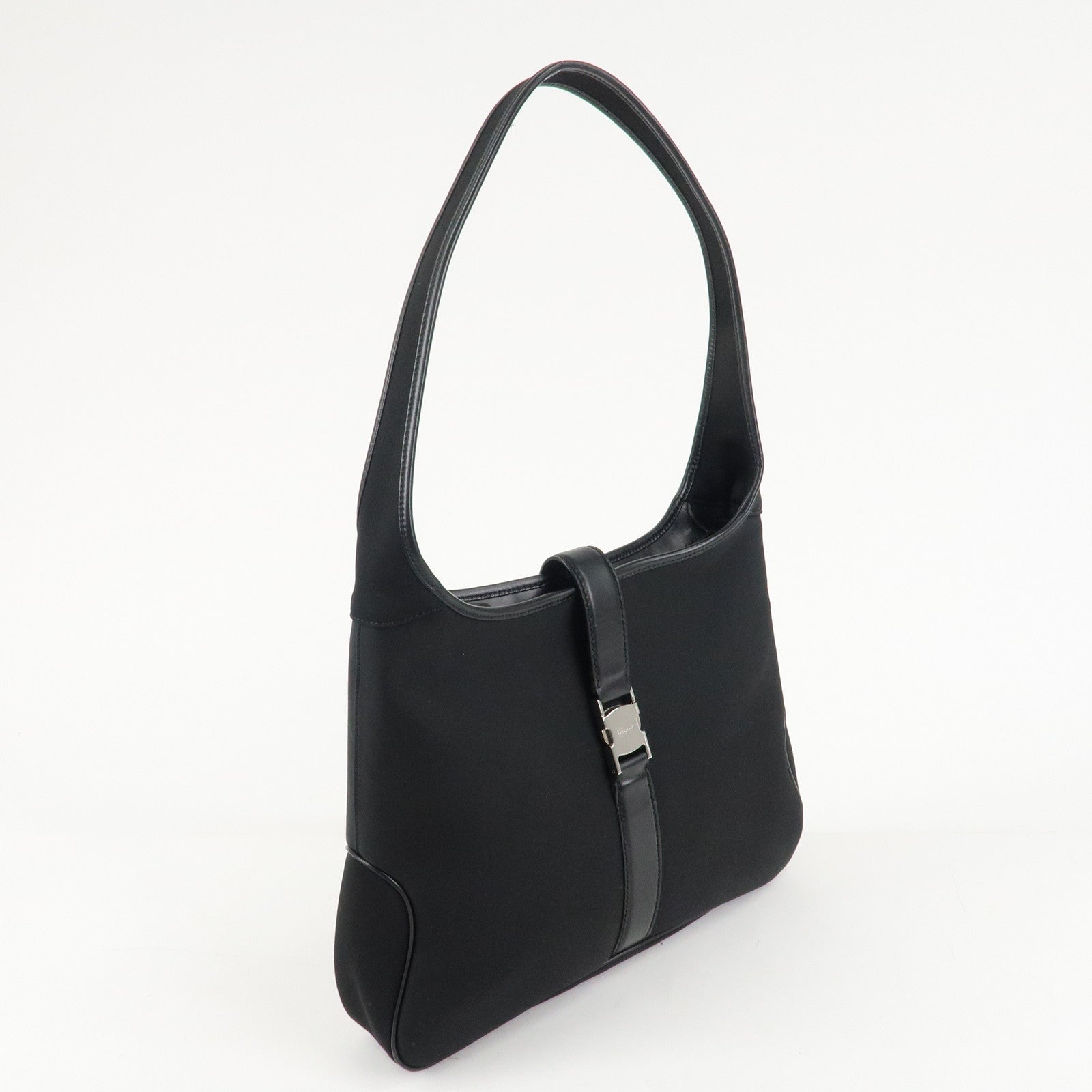 Ferragamo Nylon Leather Shoulder Bag Hand Bag Silver HDW Black Used
