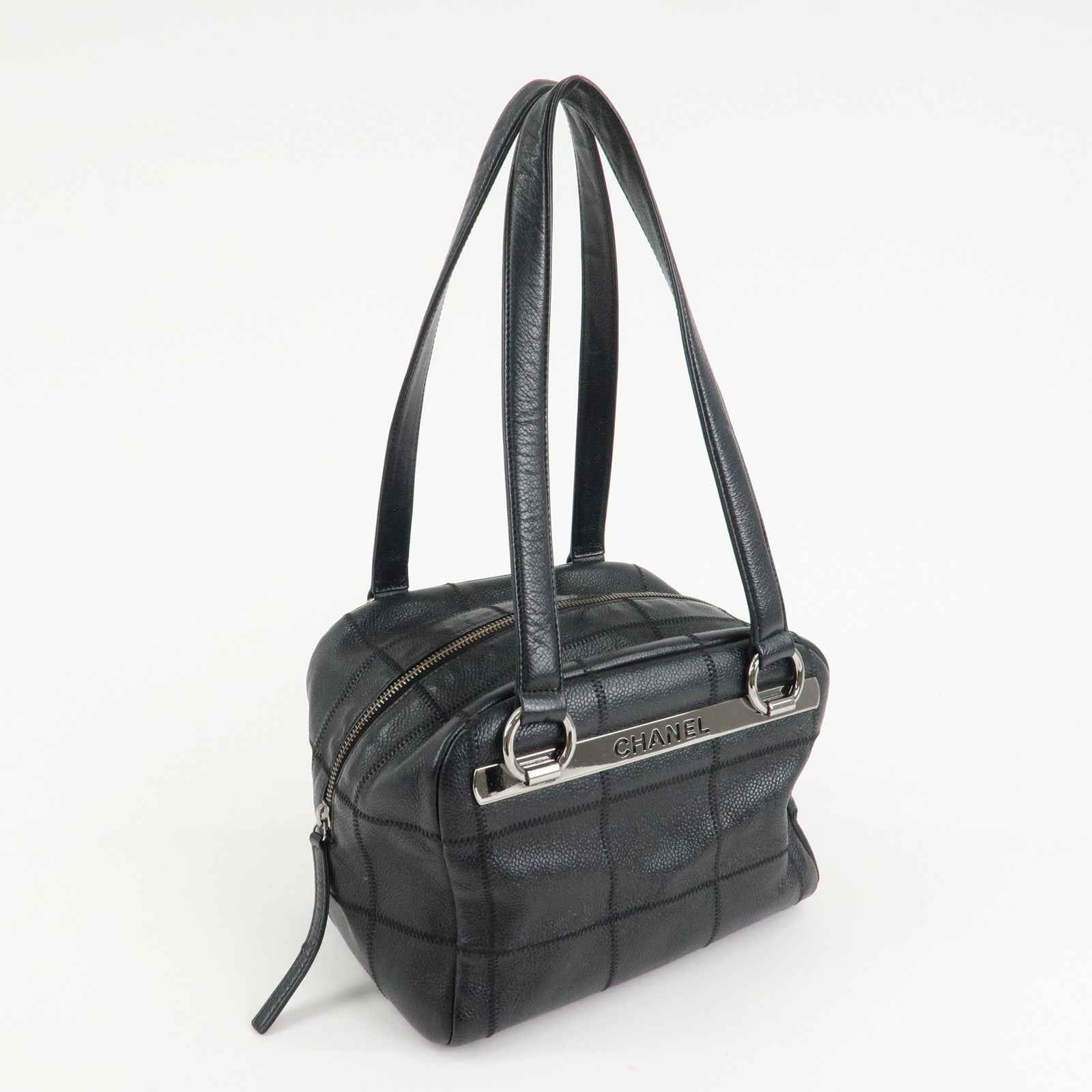 CHANEL Chocolate Bar Caviar Skin Mini Boston Bag Black A26135 Used