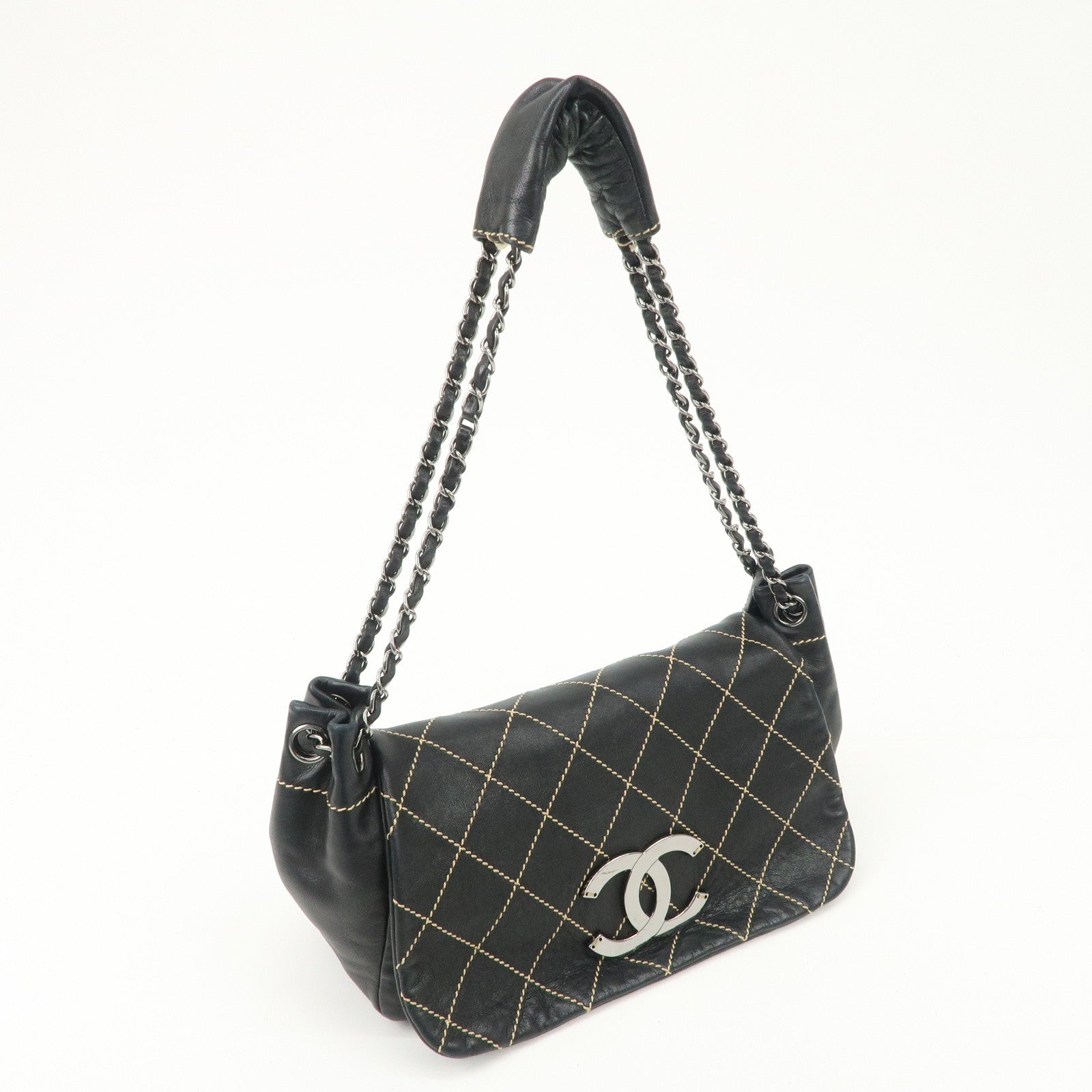 CHANEL COCO Mark Wild Stitch Lamb Skin Chain Shoulder Bag Black Used