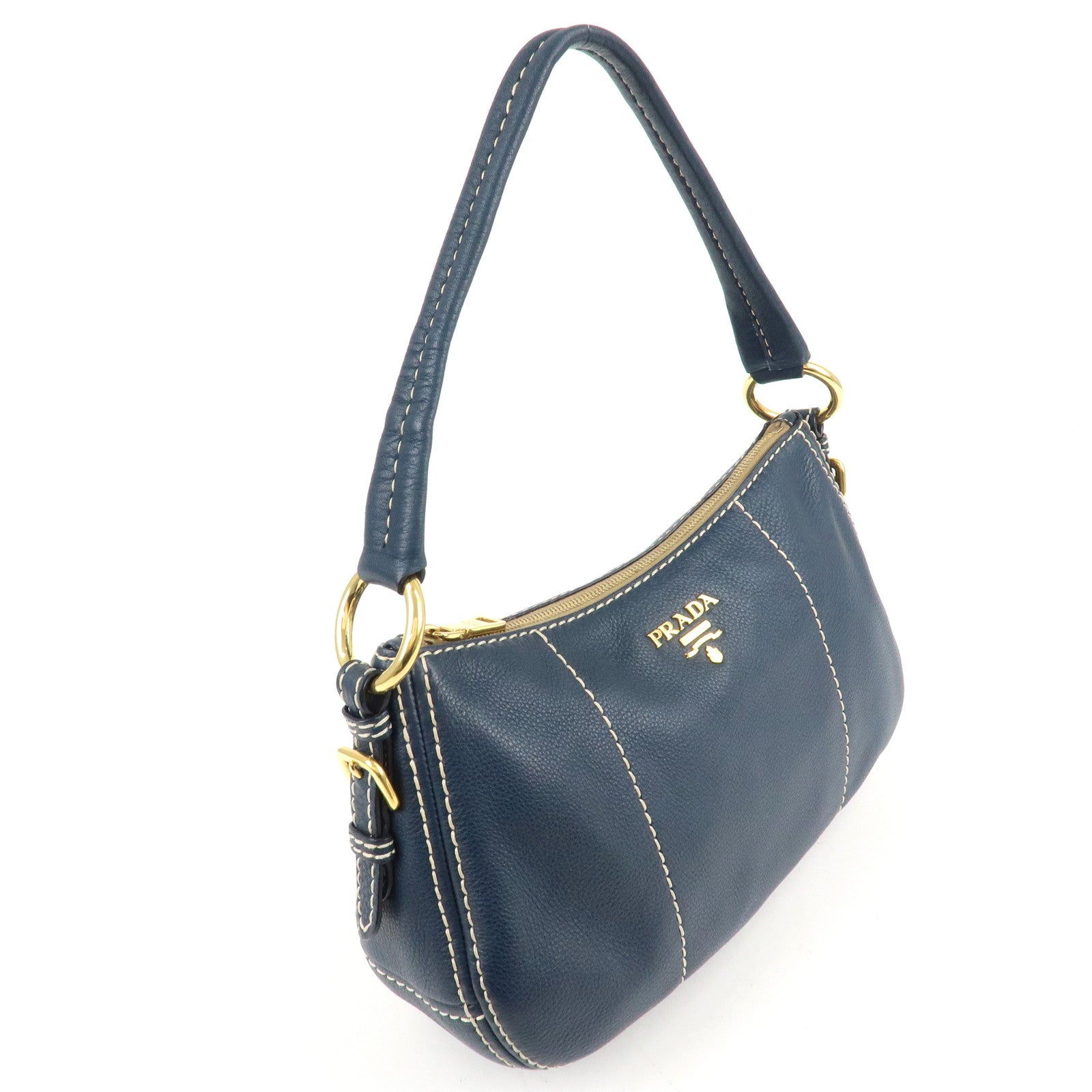 PRADA Soft Calf Leather Shoulder Bag Hand Bag Blue BR4690 Used