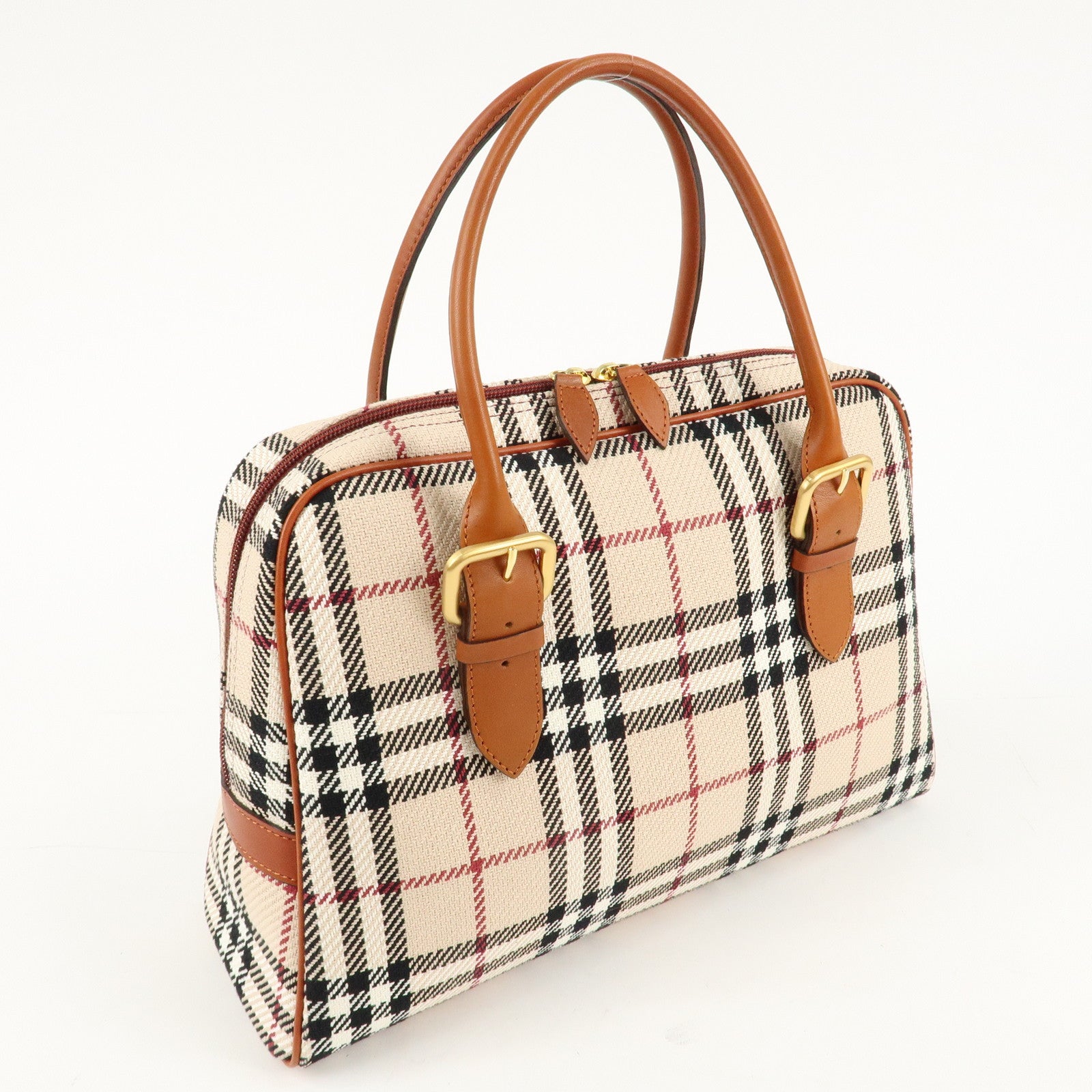 BURBERRY Leather Hand Bag Boston Bag Nova Plaid Brown Used