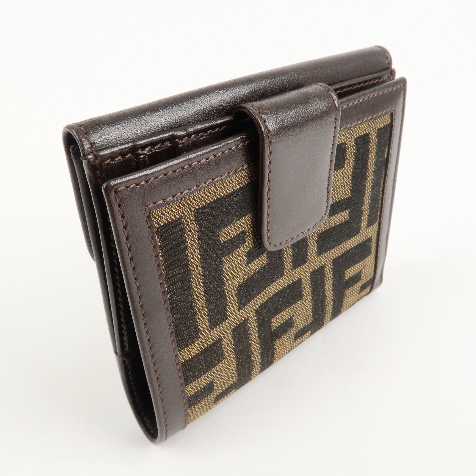 FENDI Zucca Canvas Leather W Hook Bifold Wallet 12671 Used