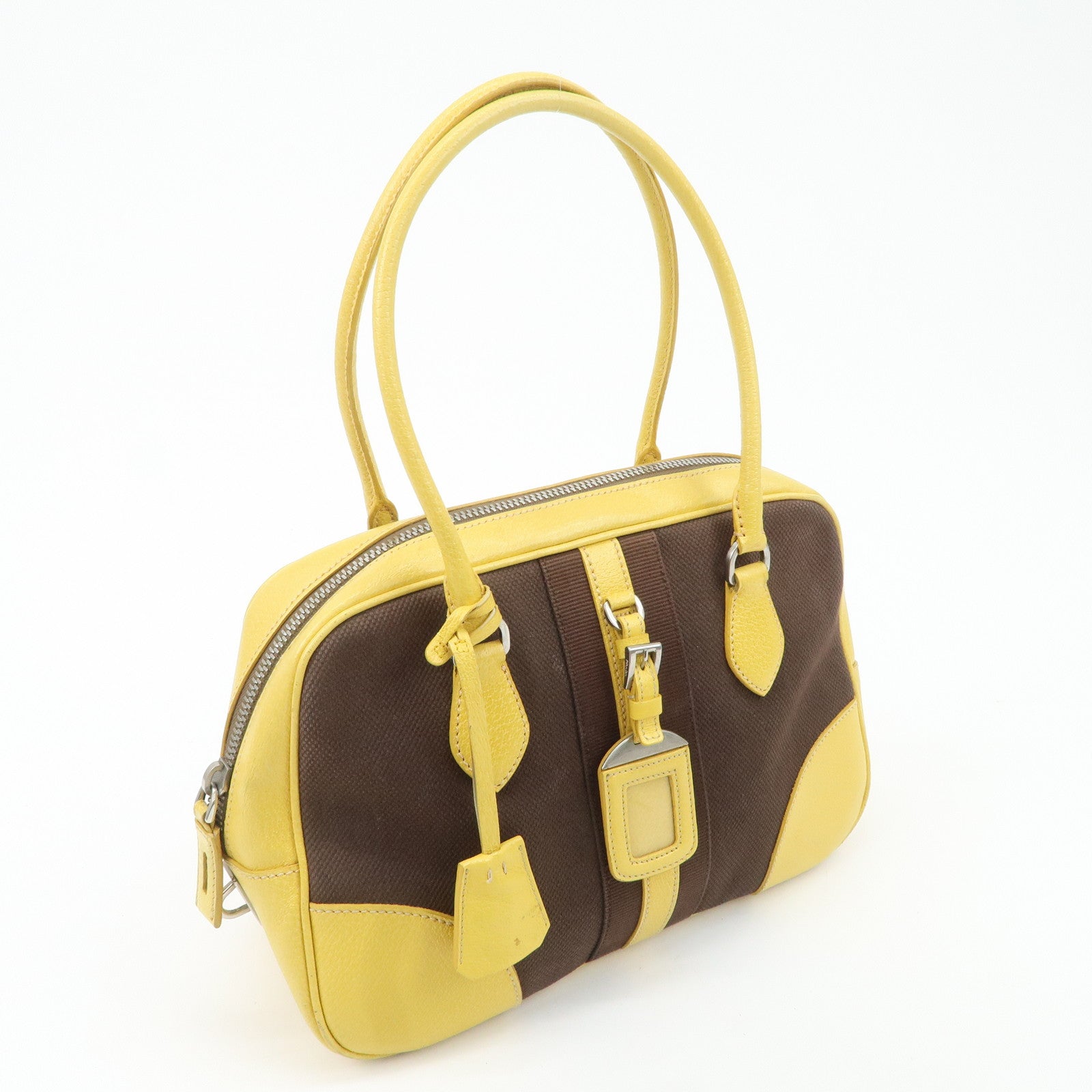 PRADA Canvas Leather Shoulder Bag Hand Bag Brown Yellow Used