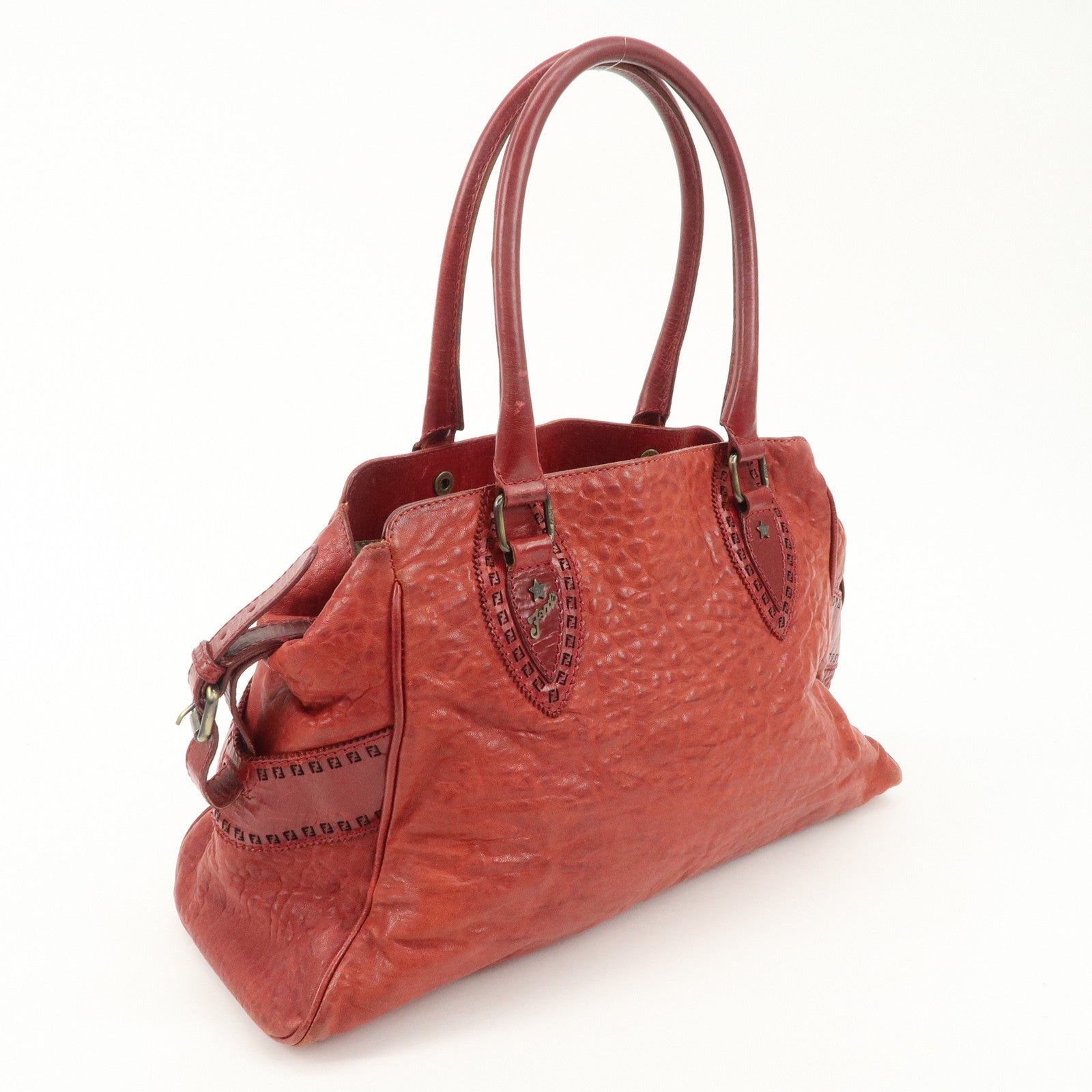 FENDI Ethnico Leather Tote Bag Shoulder Bag Red 8BN162 Used