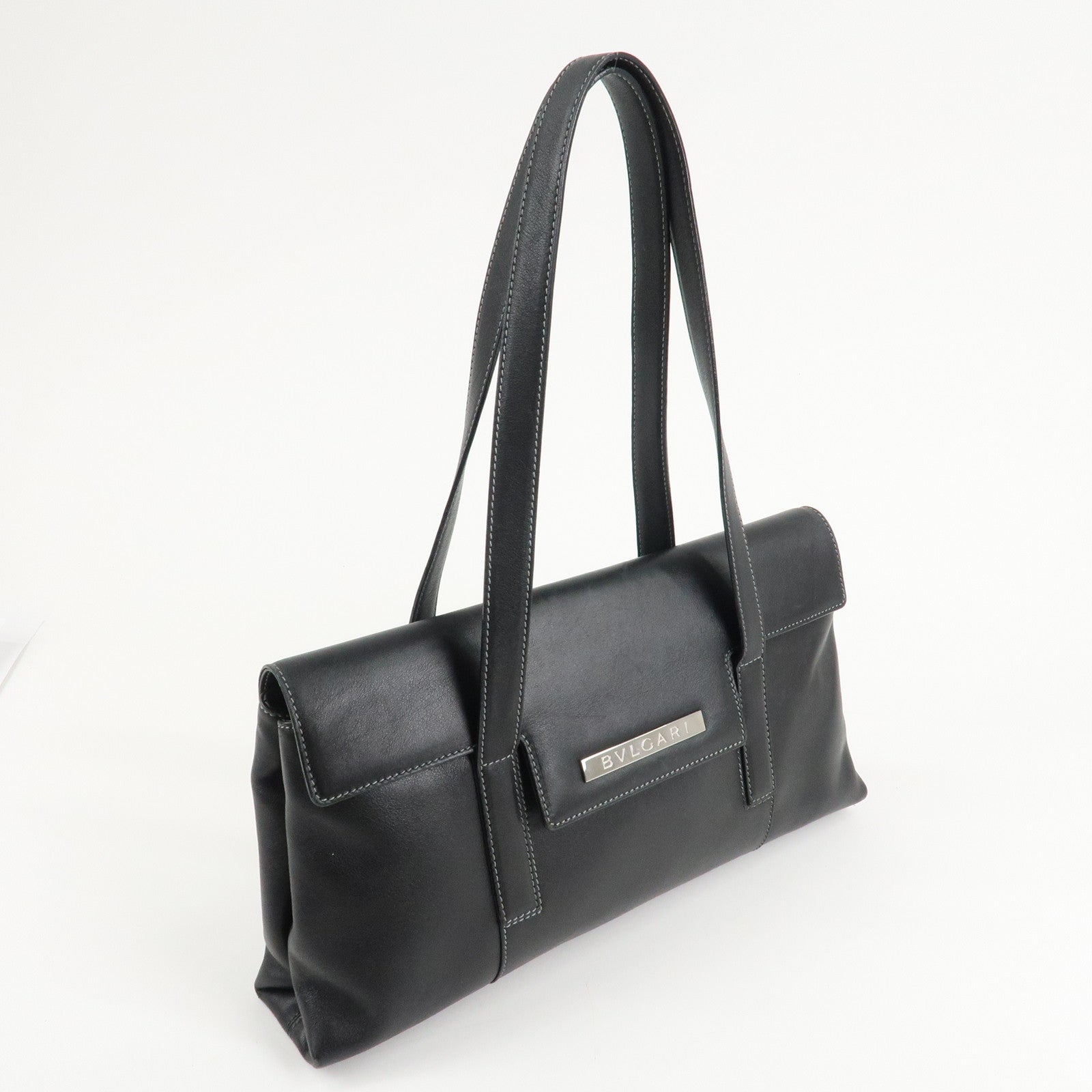 BVLGARI Leather Logo Shoulder Bag Hand Bag Black Silver HDW Used