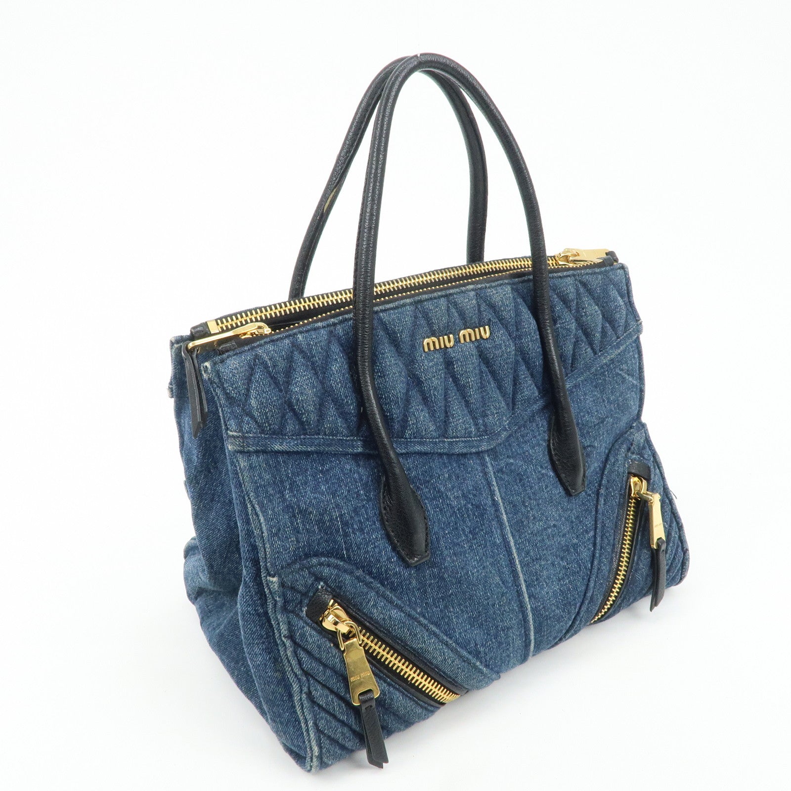 MIU MIU Denim Leather Biker 2Way Tote Bag Blue Black RN1031 Used