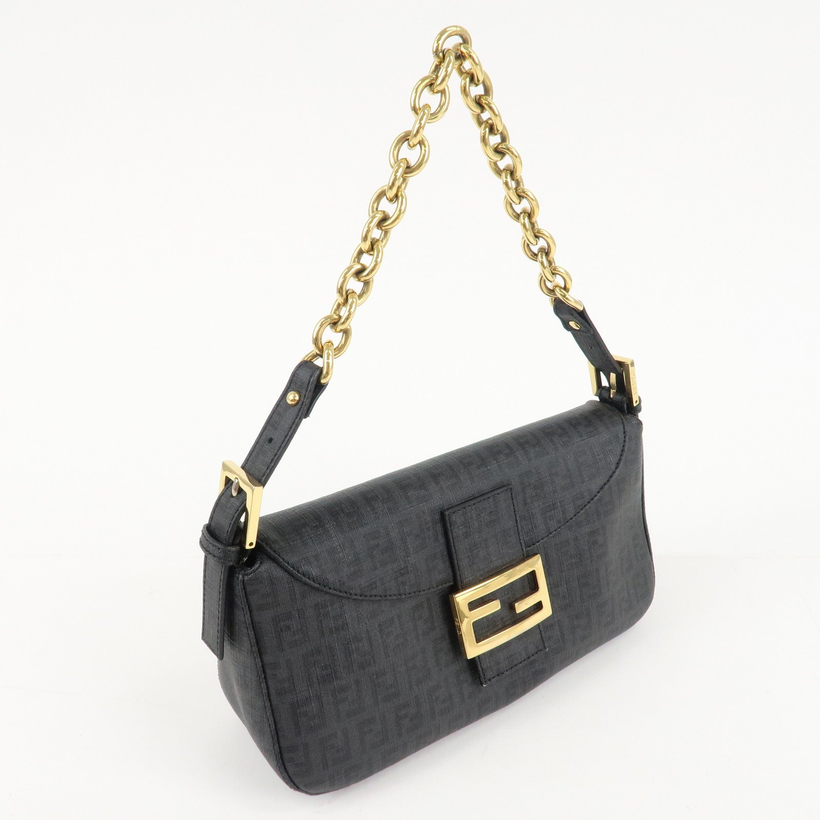 FENDI Zucchino PVC Leather Chain Shoulder Bag Gray Black 8BR003 Used