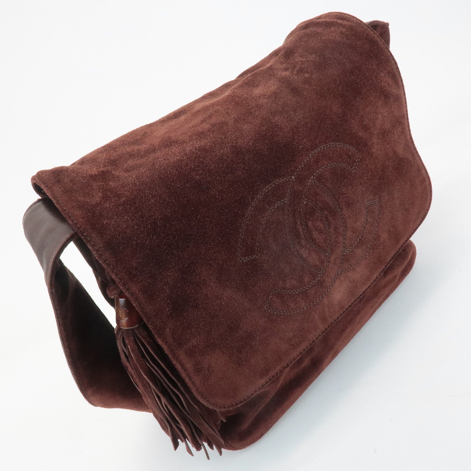 CHANEL COCO Mark Suede Leather Fringe Shoulder Bag Brown Used