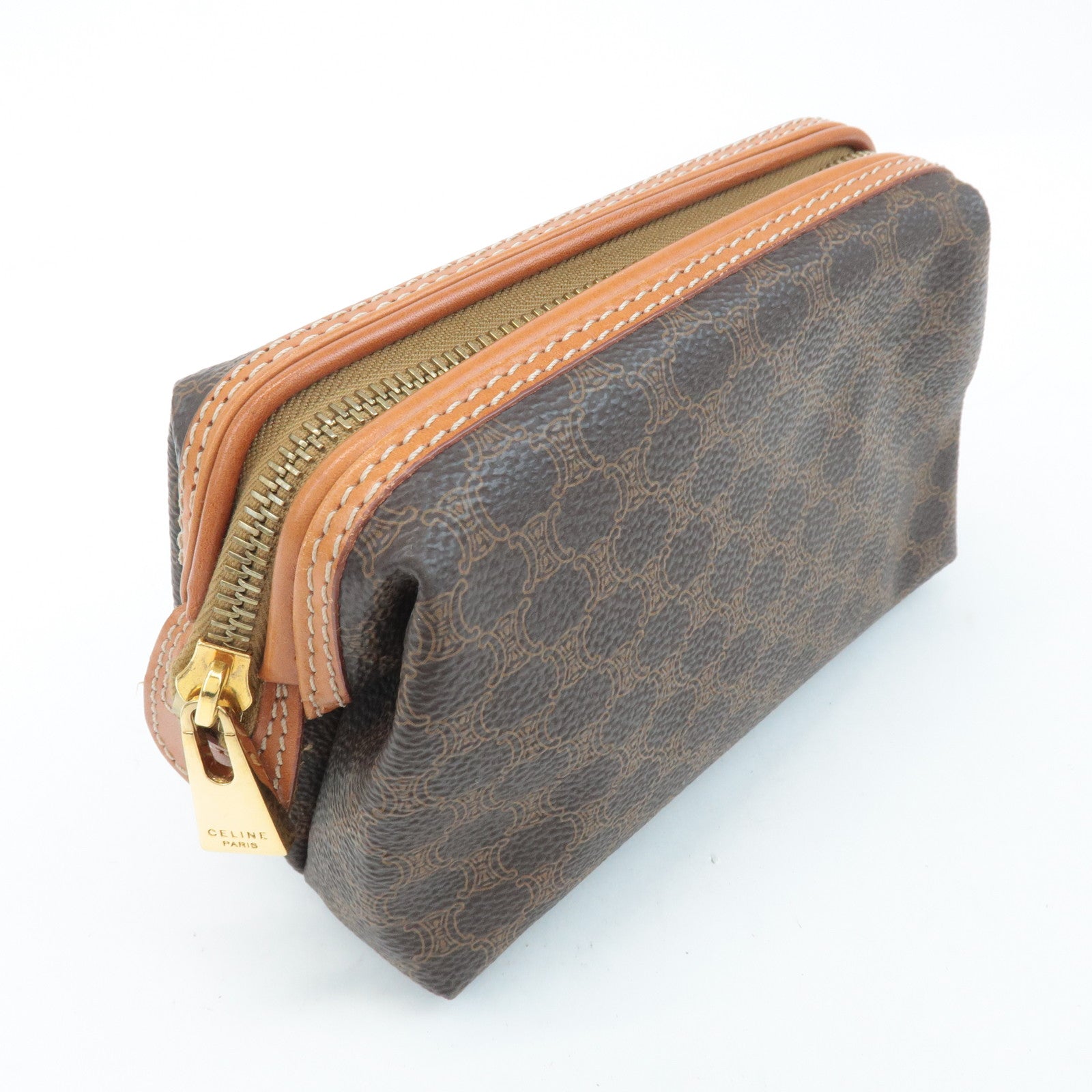 CELINE Macadam PVC Leather Pouch Cosmetic Pouch Brown Used