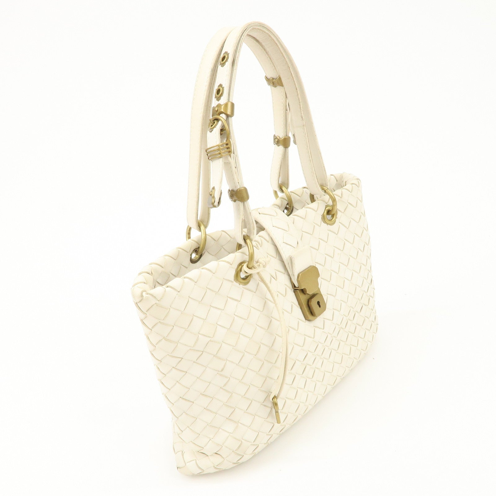 Bottega Veneta Intrecciato Leather Chain Shoulder Bag White Used