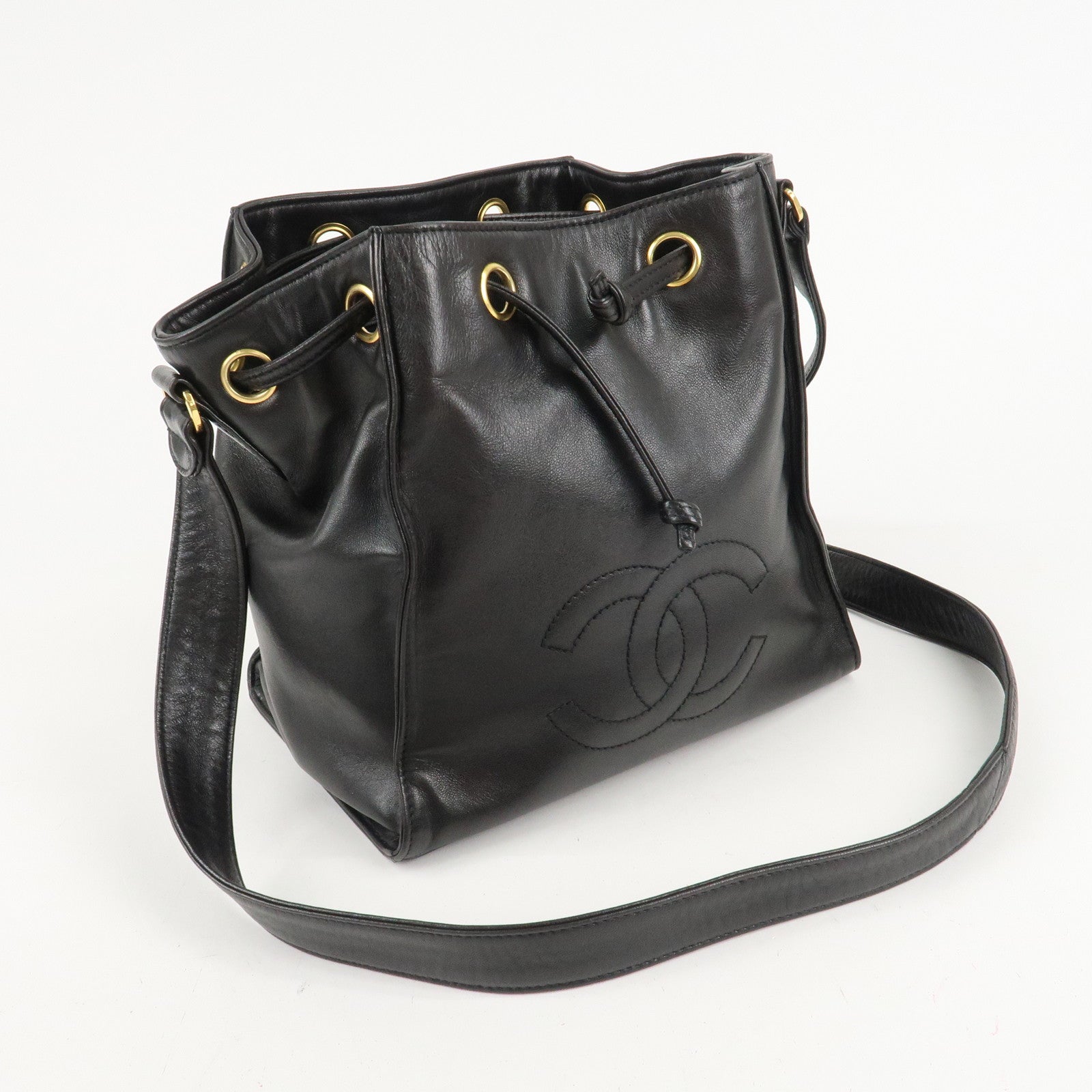 CHANEL COCO Mark Lamb Skin Stitch Shoulder Bag Black Gold Used