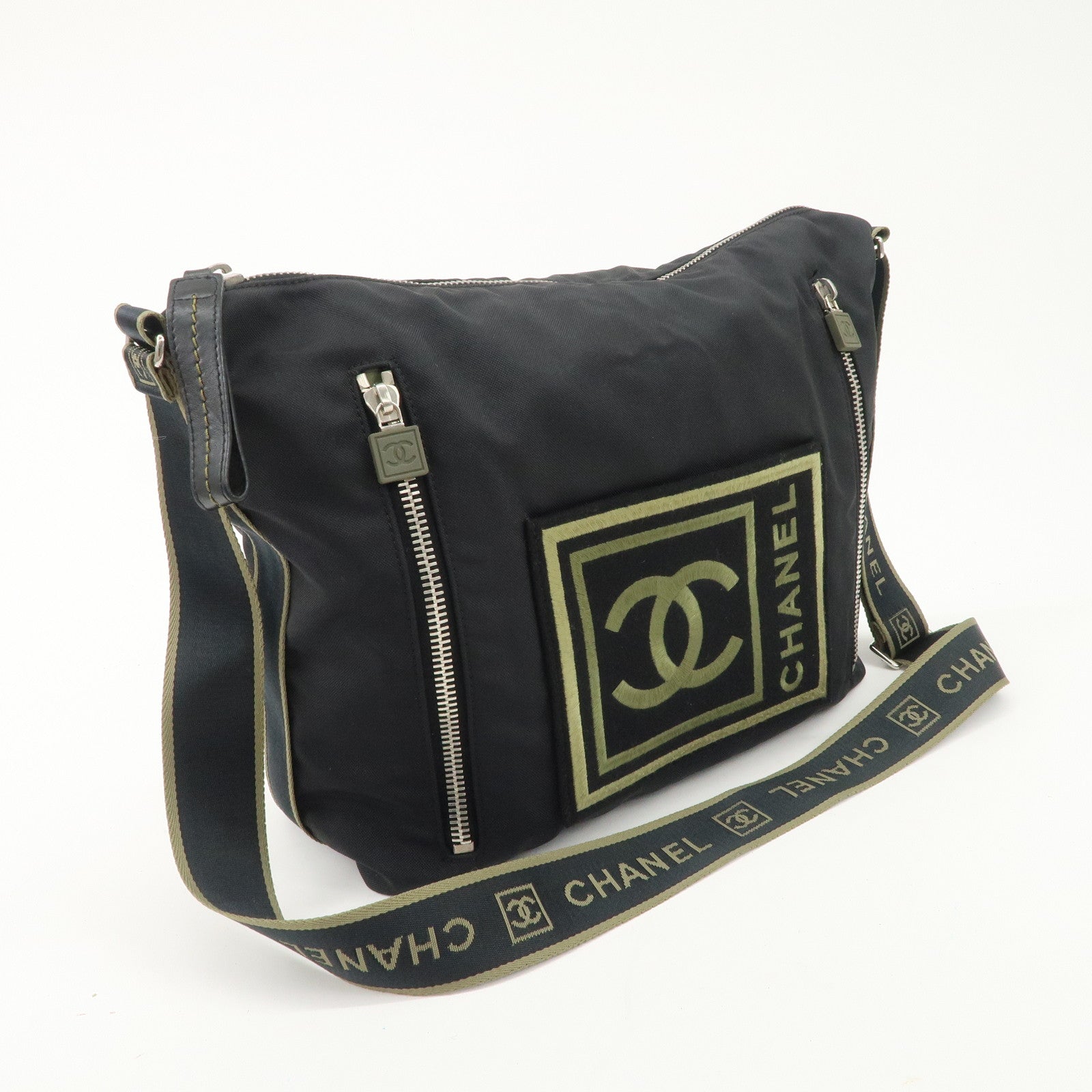 CHANEL Sports Nylon COCO Mark Shoulder Bag Black Khaki Used