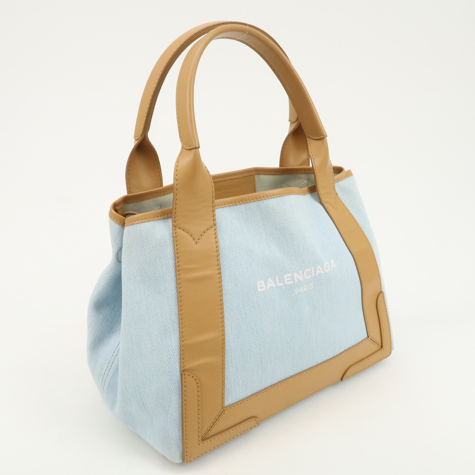 BALENCIAGA Navy Cabas S Canvas Leather Tote Bag 339933 Used