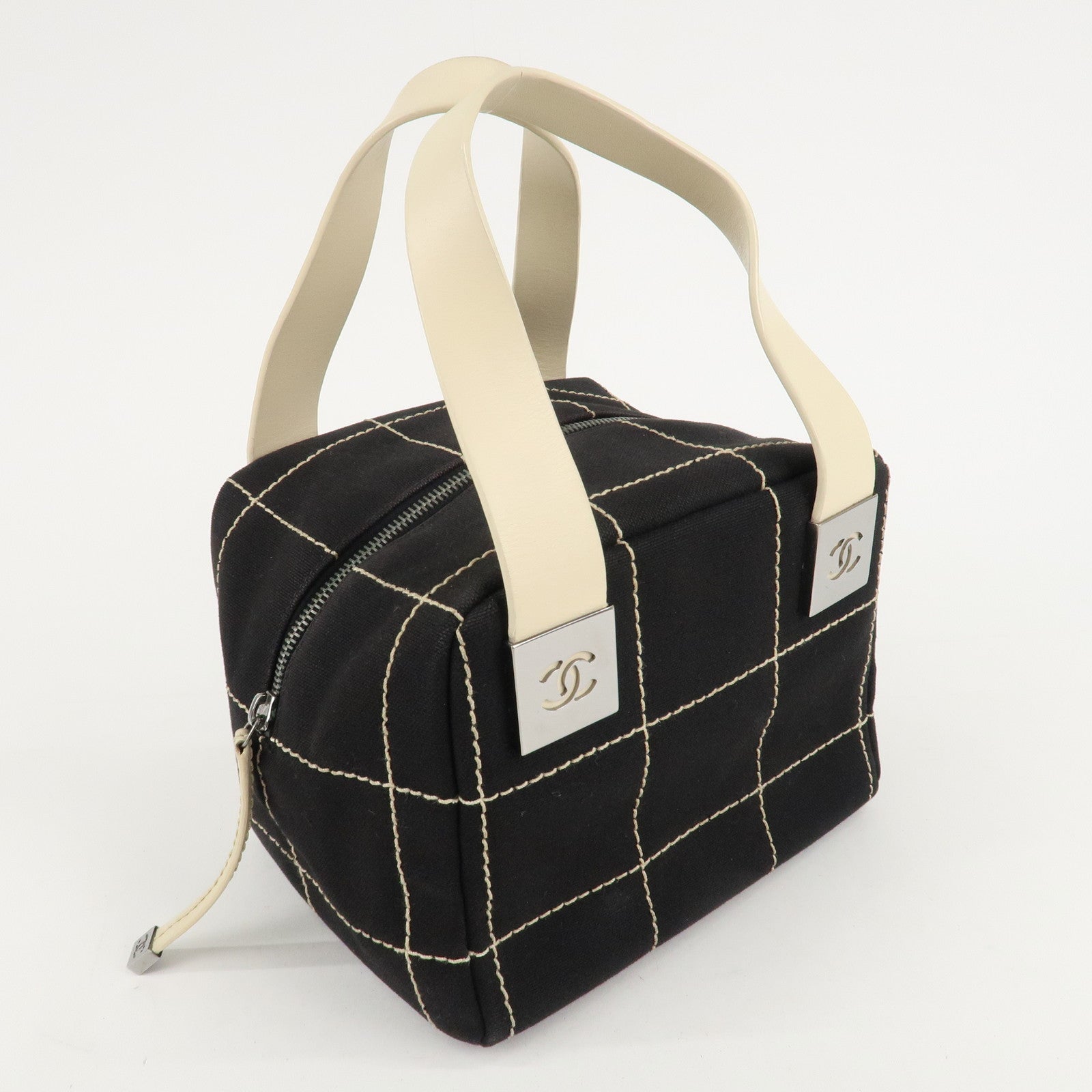 CHANEL Chocolate Bar Stitch Canvas Leather Mini Boston Bag Black Used