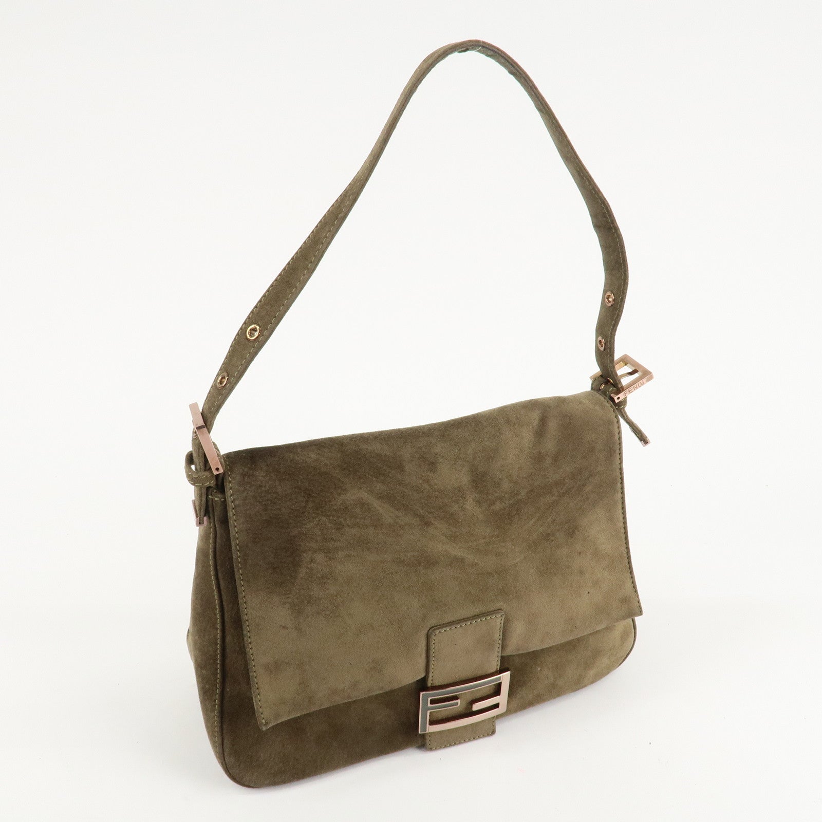 FENDI Mamma Baguette Suede Shoulder Bag Khaki 8BR001 Used