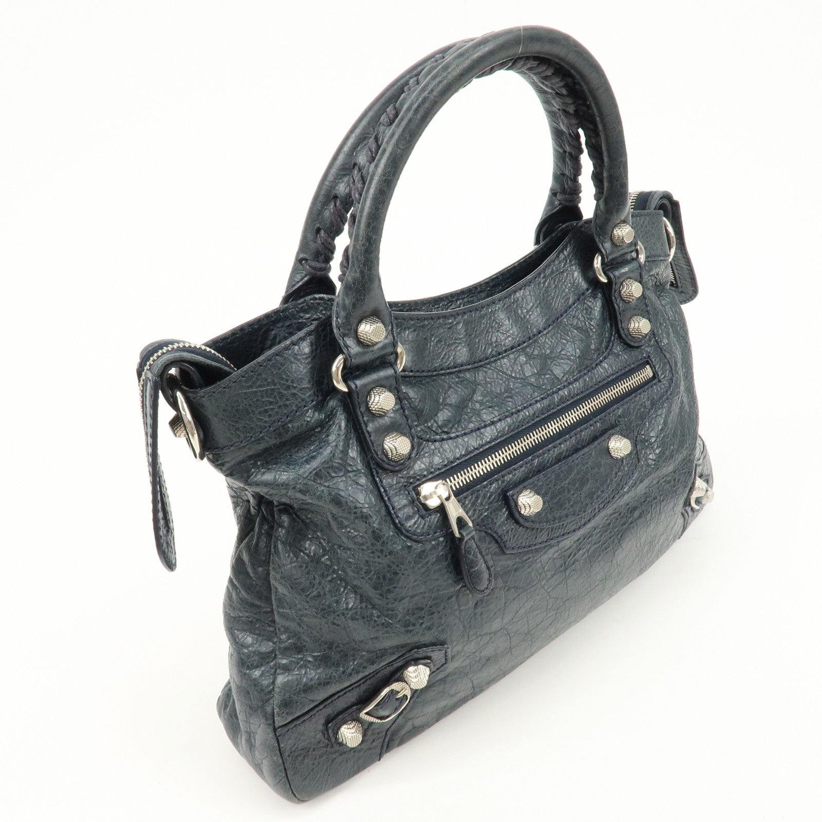 BALENCIAGA The Giant Town Leather 2Way Hand Bag Navy 285434 Used