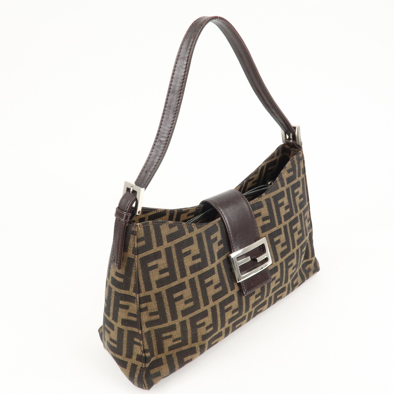 FENDI Zucca Canvas Leather Shoulder Bag Brown Black 9161150001 Used