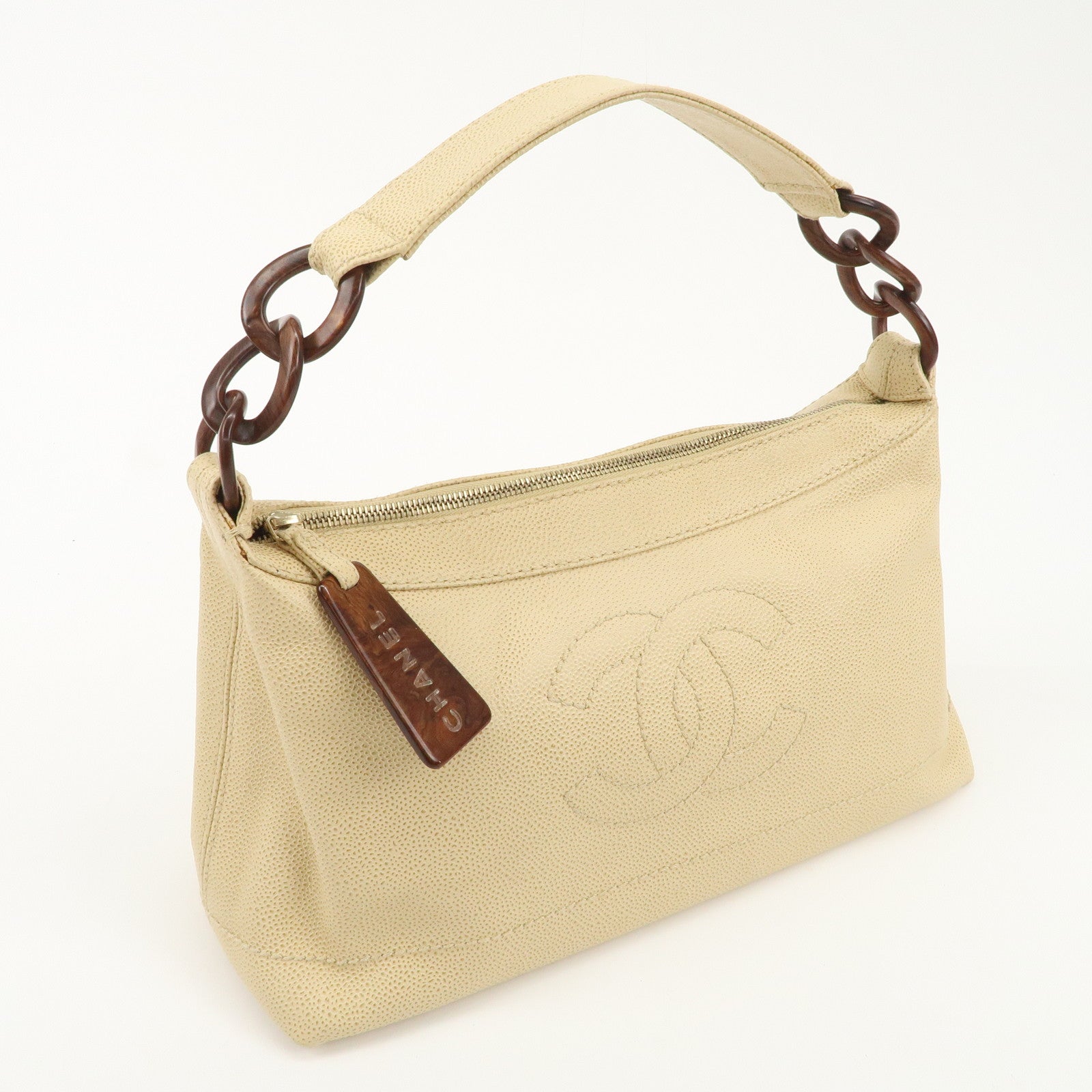 CHANEL Caviar Skin COCO Mark Wood Chain Shoulder Bag Beige Used